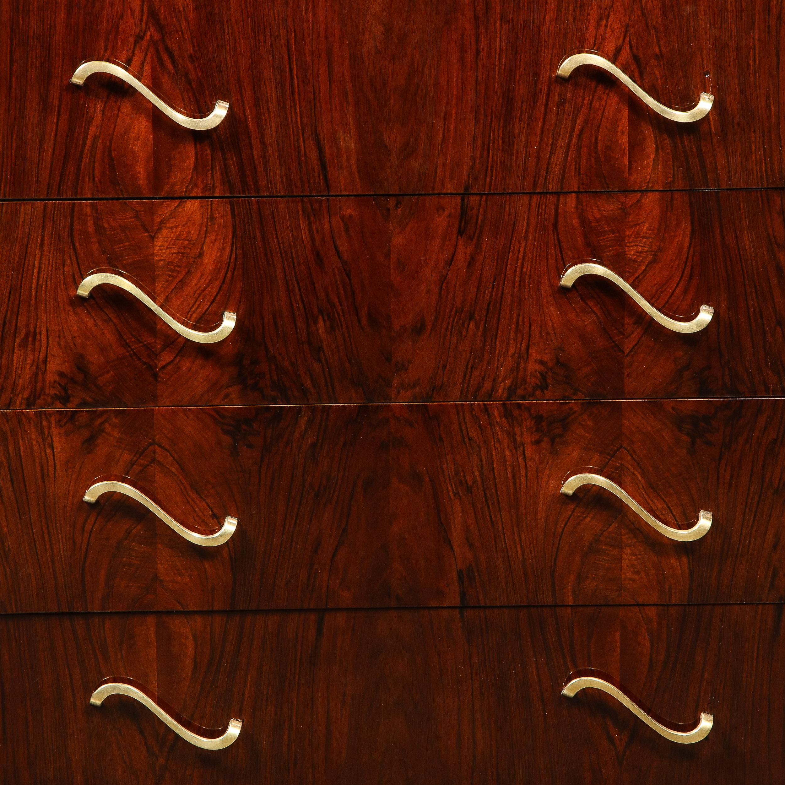 French Art Deco Bookmatched Walnut & Exotic Marble Chest with Sculptural Brass Pulls