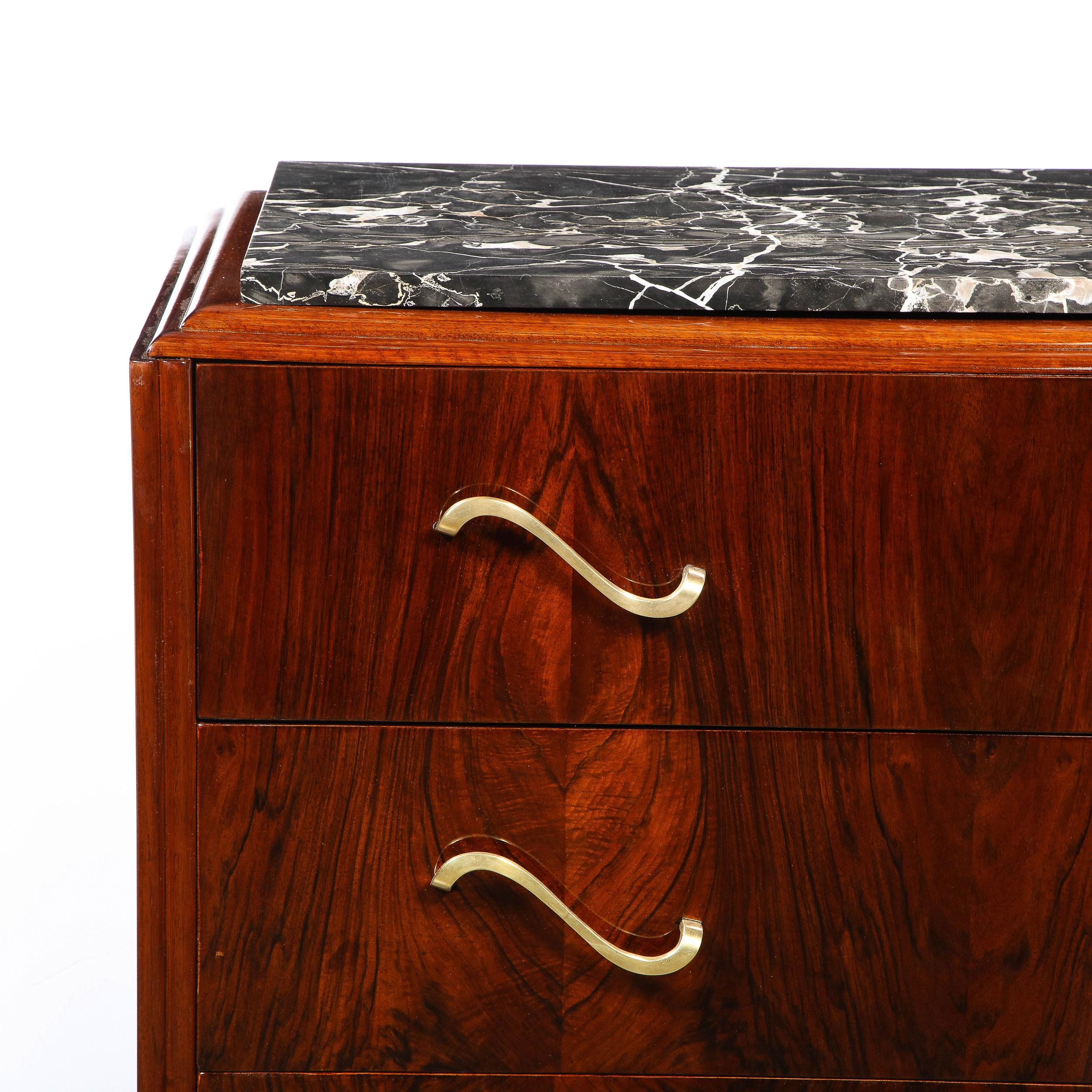 Art Deco Bookmatched Walnut & Exotic Marble Chest with Sculptural Brass Pulls In Excellent Condition In New York, NY