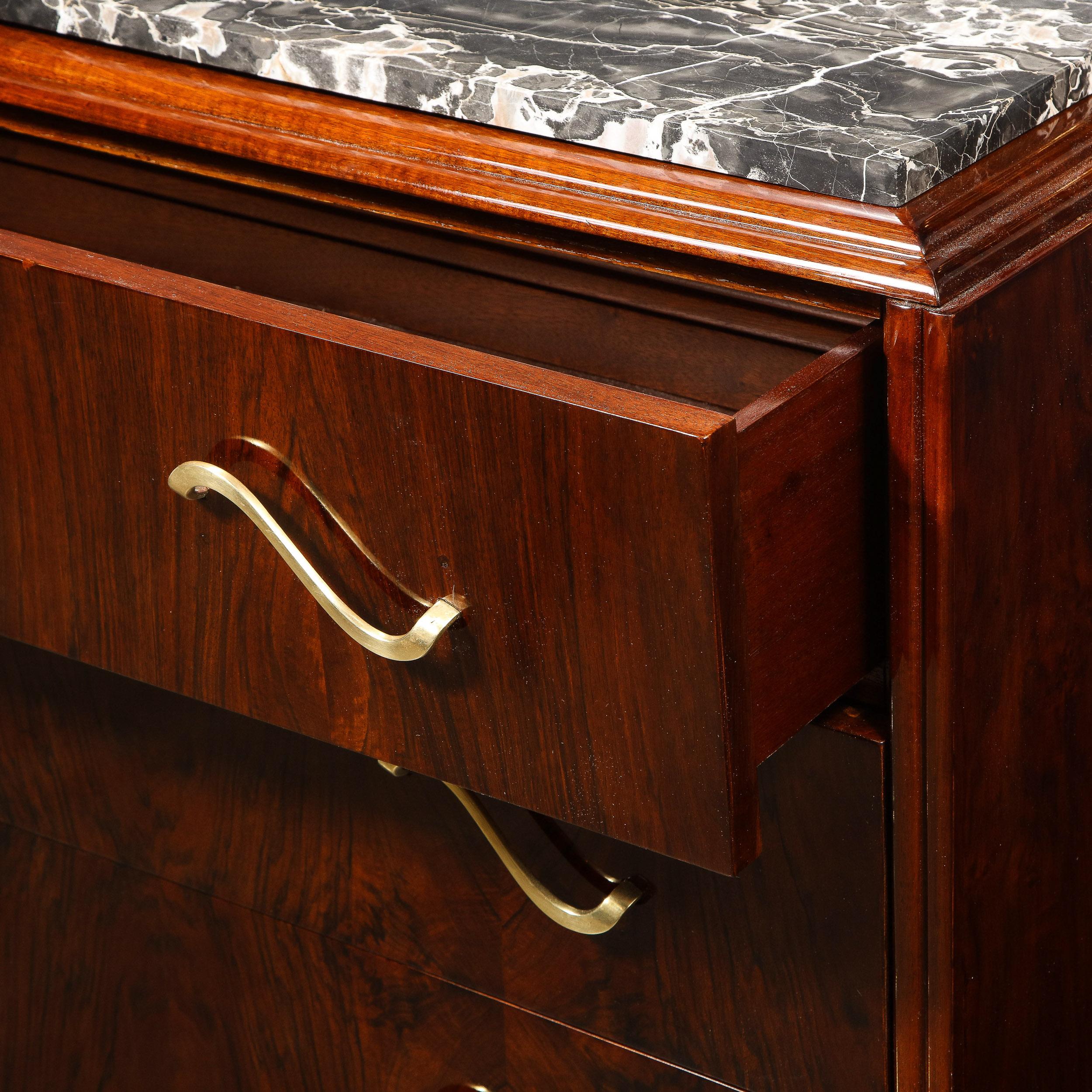 Art Deco Bookmatched Walnut & Exotic Marble Chest with Sculptural Brass Pulls 3