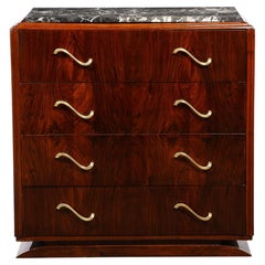 Art Deco Bookmatched Walnut & Exotic Marble Chest with Sculptural Brass Pulls