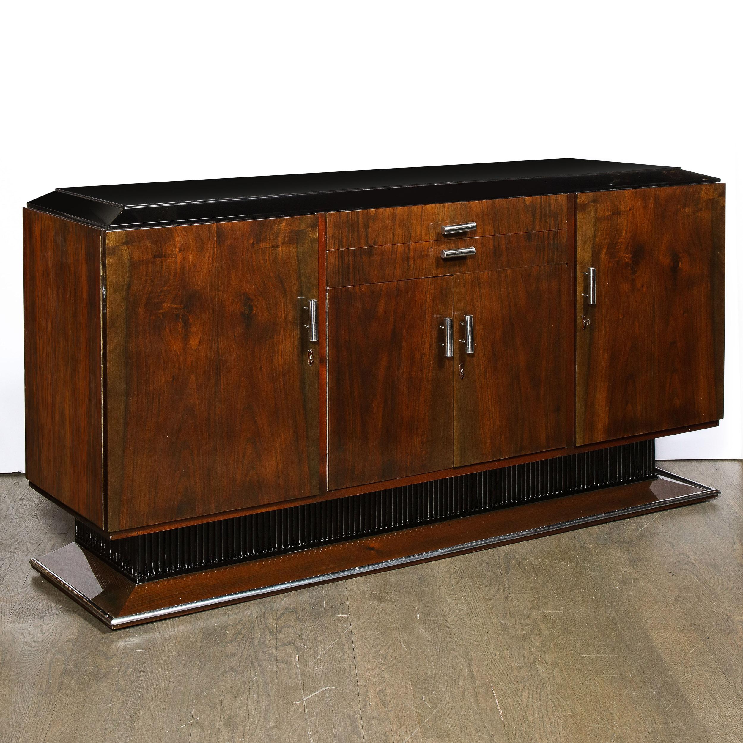Art Deco Bookmatched Walnut & Lacquer Sideboard with Streamlined Aluminum Pulls For Sale 6