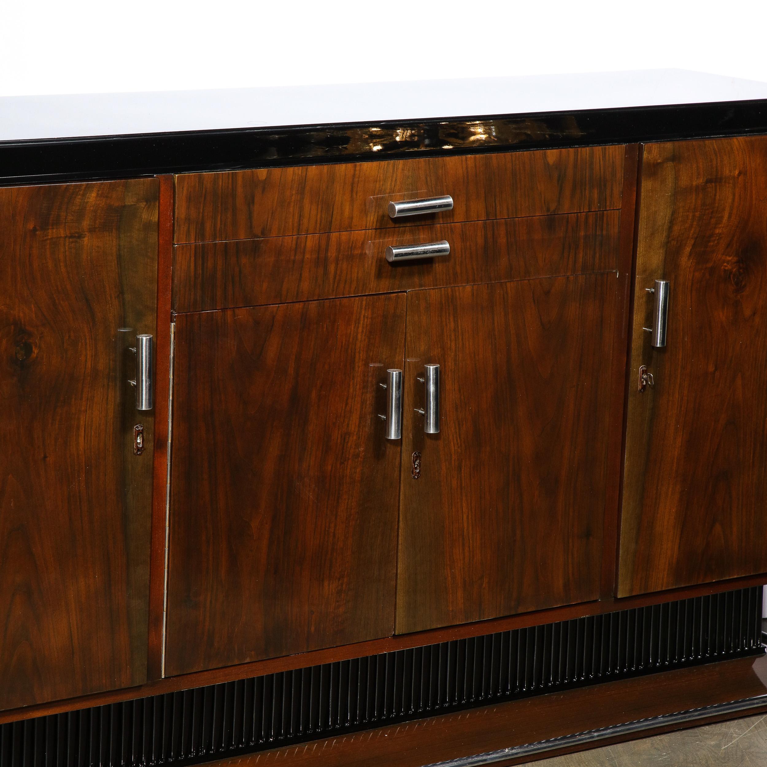 Art Deco Bookmatched Walnut & Lacquer Sideboard with Streamlined Aluminum Pulls For Sale 7