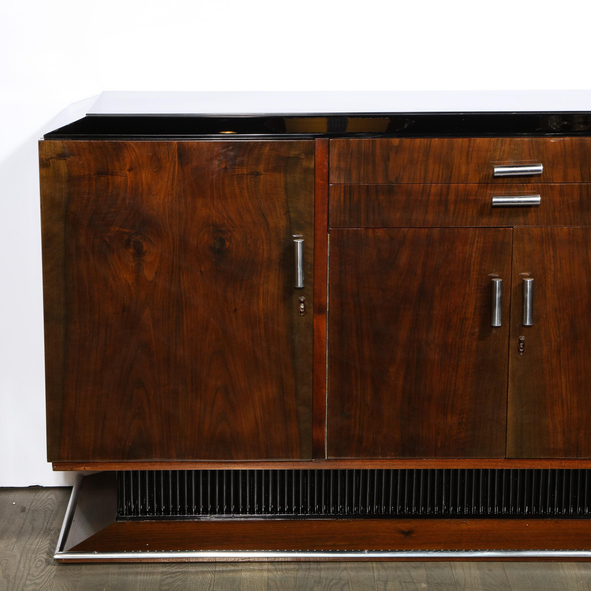 American Art Deco Bookmatched Walnut & Lacquer Sideboard with Streamlined Aluminum Pulls For Sale