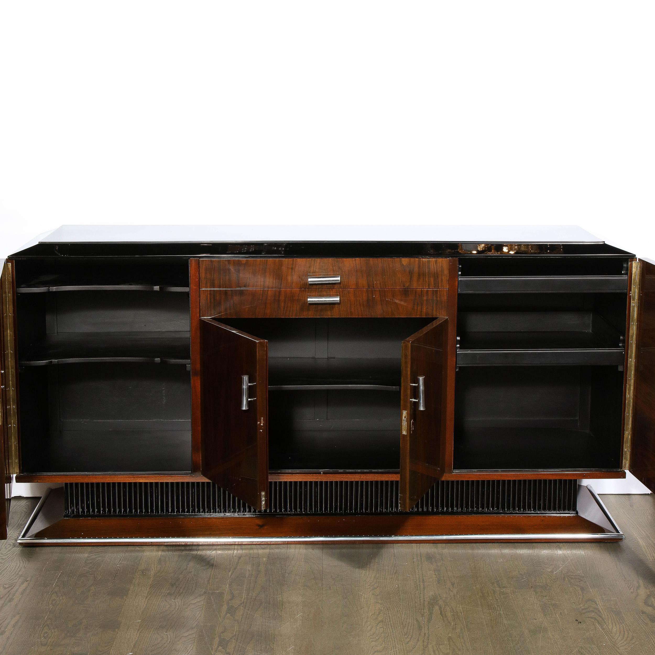 Mid-20th Century Art Deco Bookmatched Walnut & Lacquer Sideboard with Streamlined Aluminum Pulls