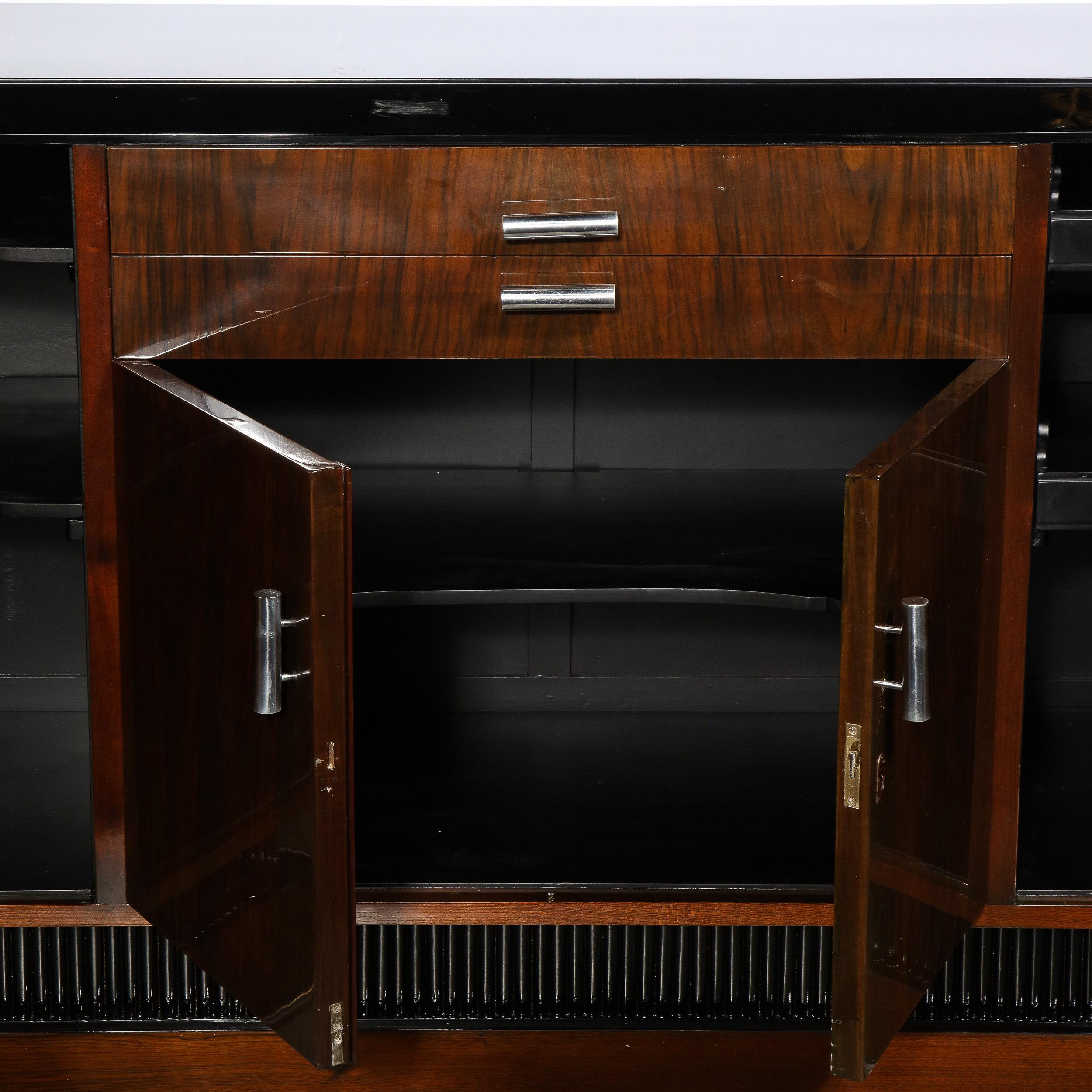Art Deco Bookmatched Walnut & Lacquer Sideboard with Streamlined Aluminum Pulls For Sale 1