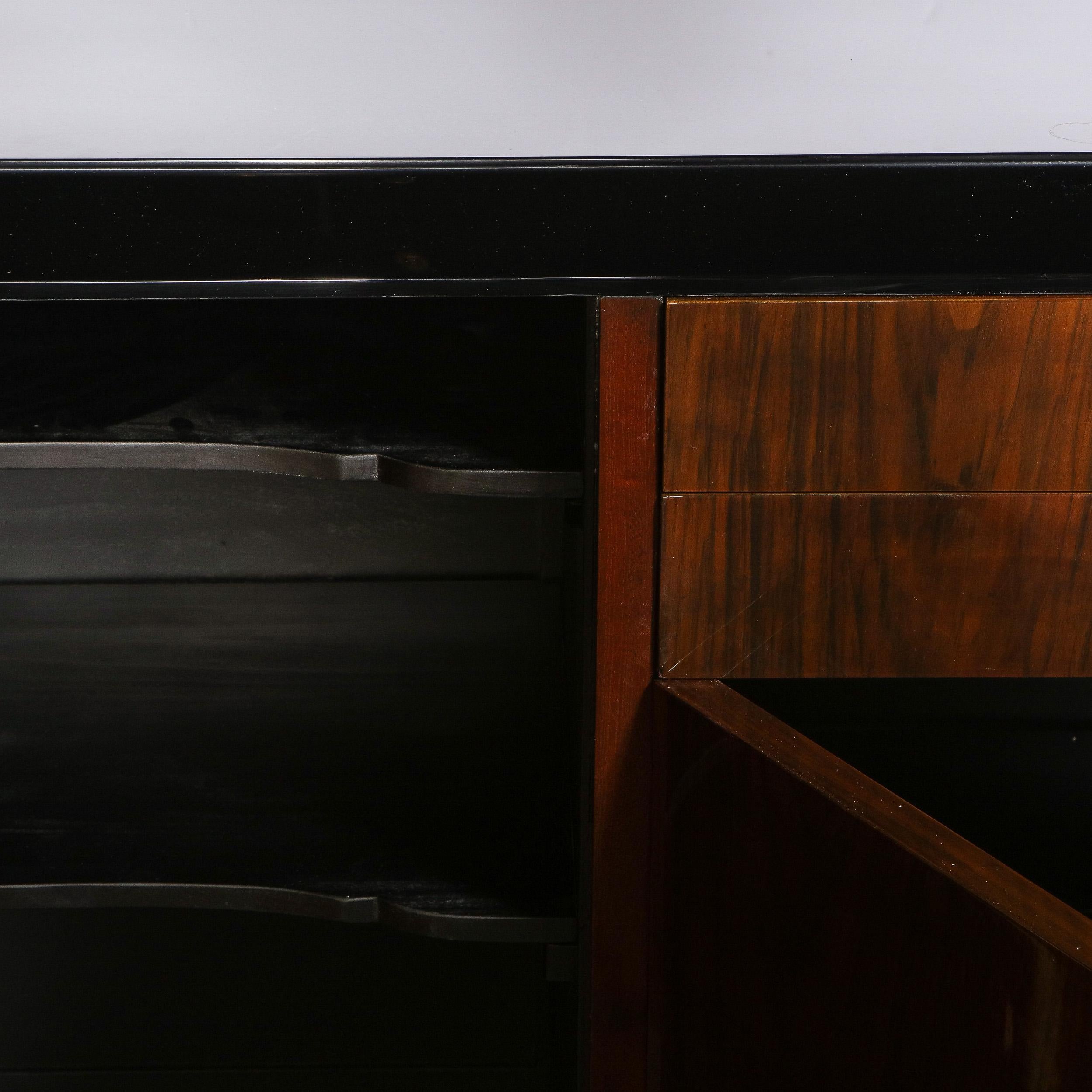 Art Deco Bookmatched Walnut & Lacquer Sideboard with Streamlined Aluminum Pulls For Sale 2