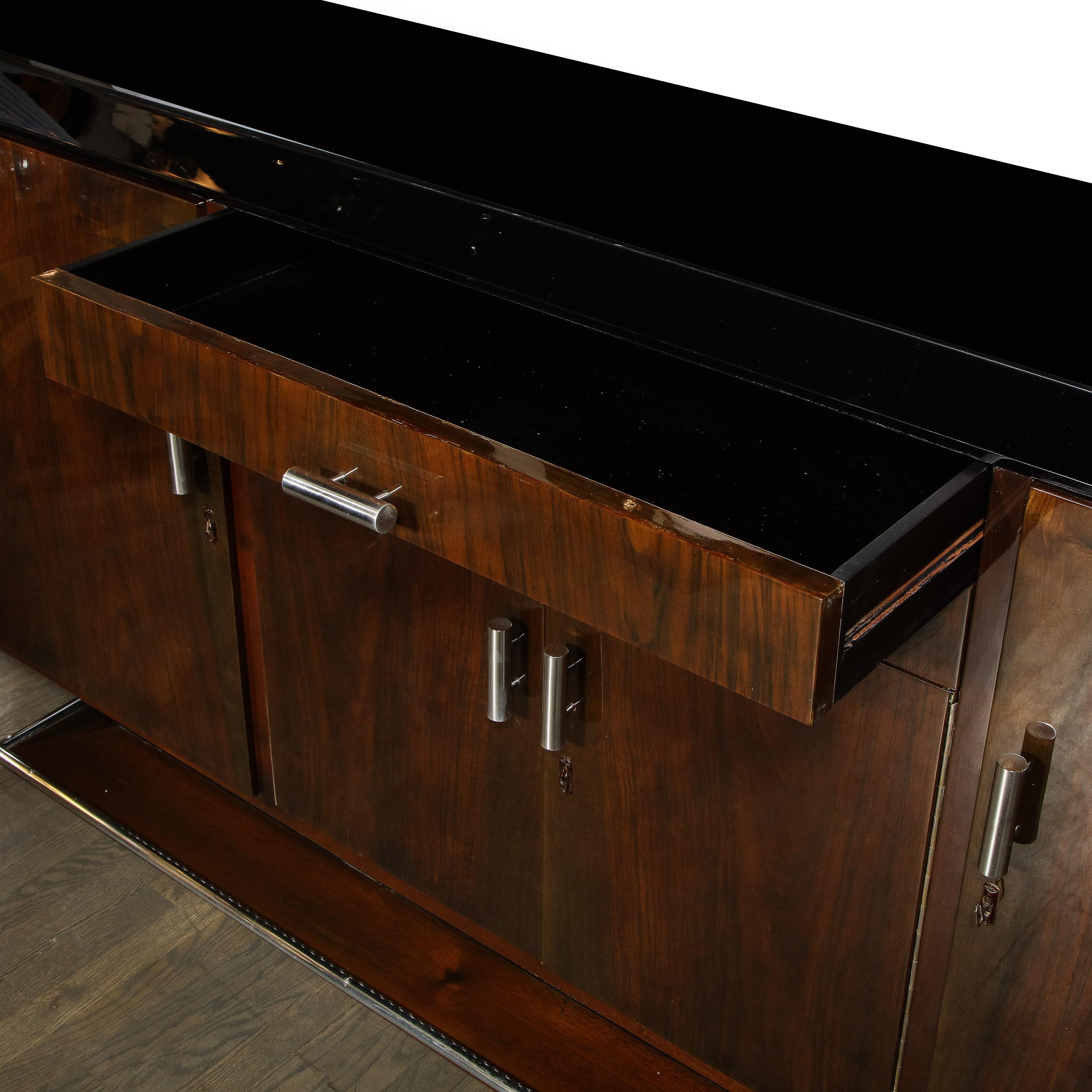 Art Deco Bookmatched Walnut & Lacquer Sideboard with Streamlined Aluminum Pulls For Sale 4