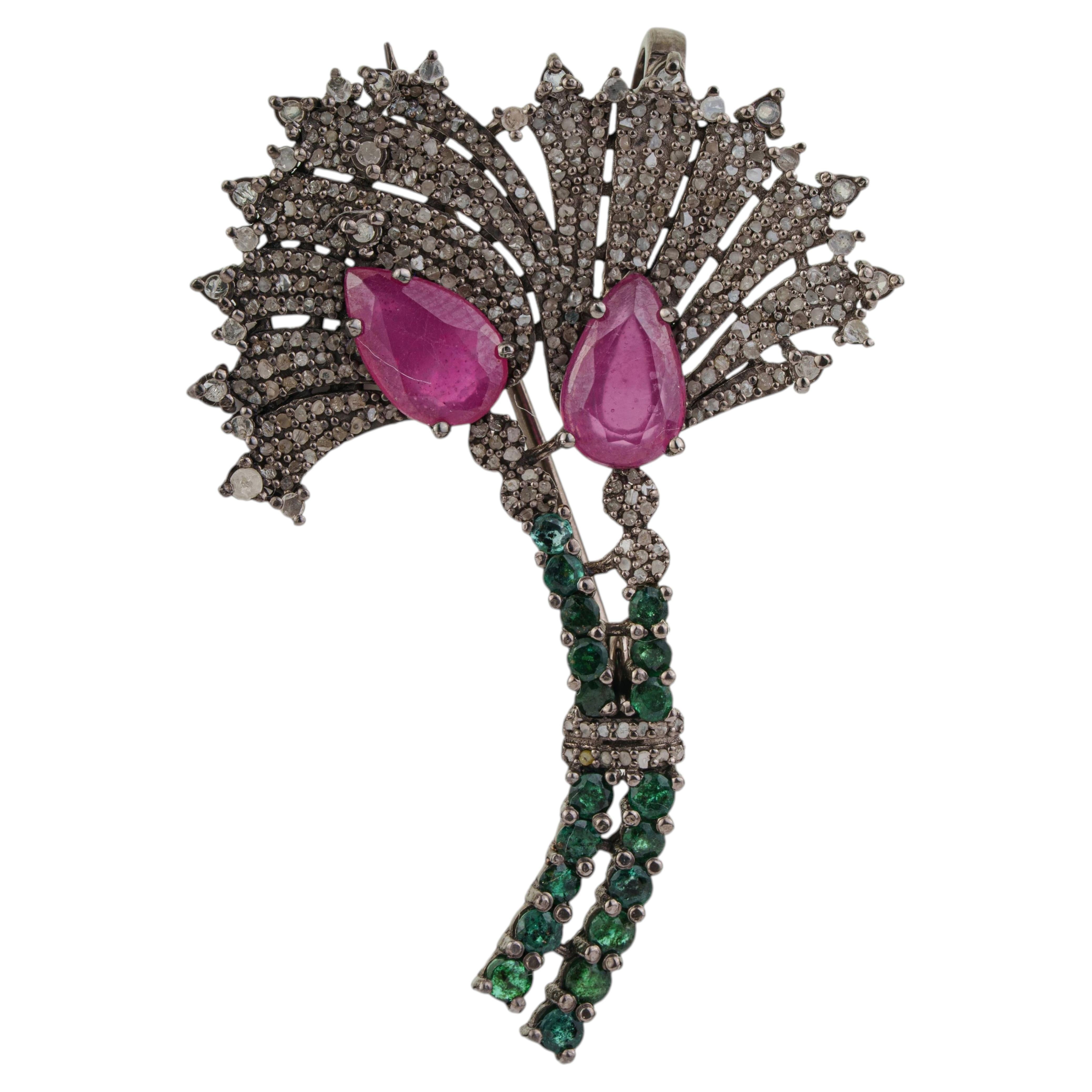 Art Deco Botanical Brooch Pendant in 925 Silver with Ruby, Emerald and Diamond