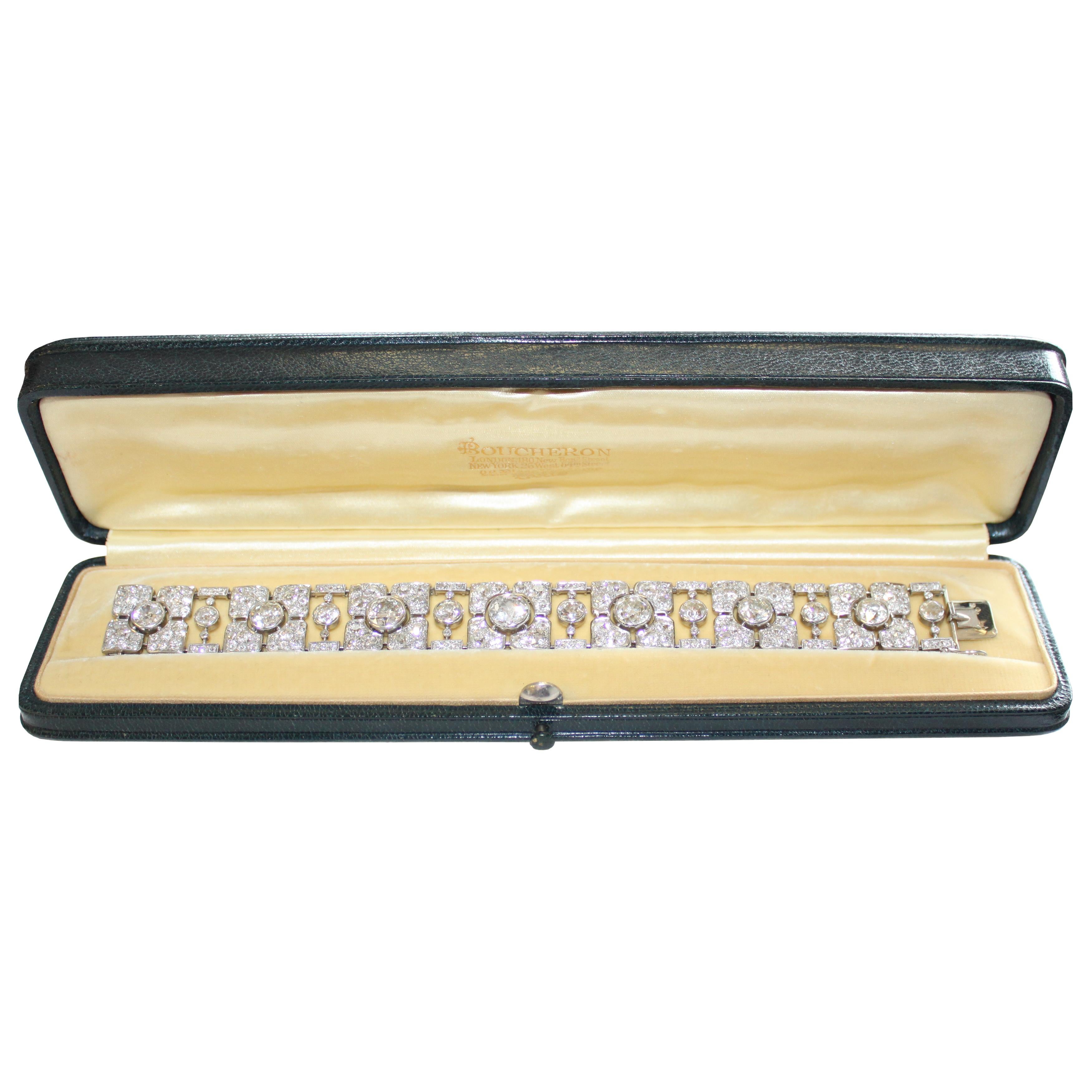 A beautiful and stunning Art Deco diamond bracelet from the renowned French jewellers Boucheron. The bracelet has 14 moveable parts in alternating design each set with a bigger old European cut diamond.
(Seven center diamonds each one is from