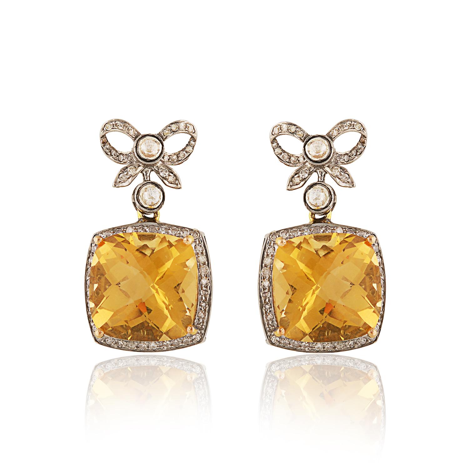 Art Deco Bow Earrings with Citrine and Diamonds In New Condition In London, W1U 2JG