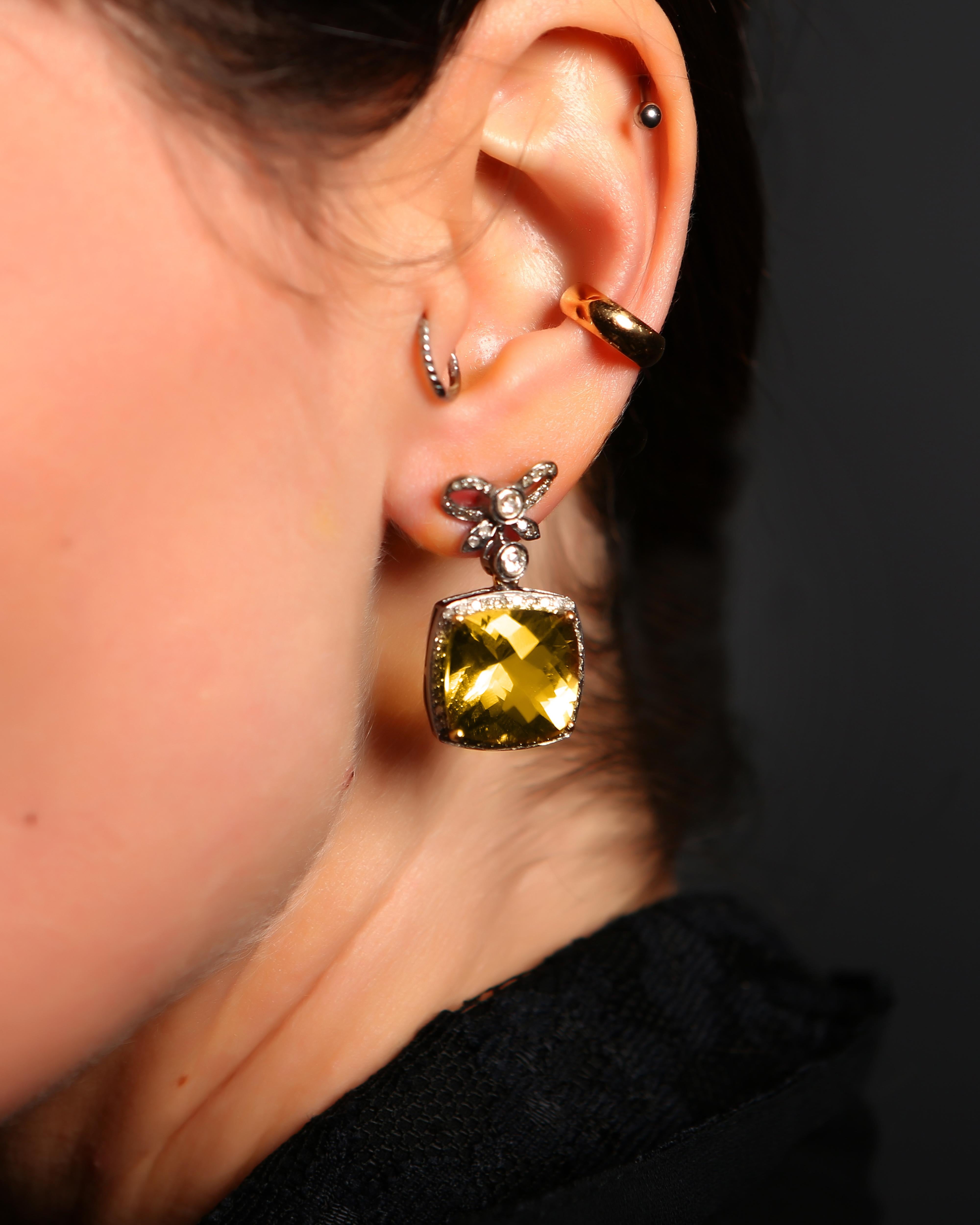 Women's or Men's Art Deco Bow Earrings with Citrine and Diamonds