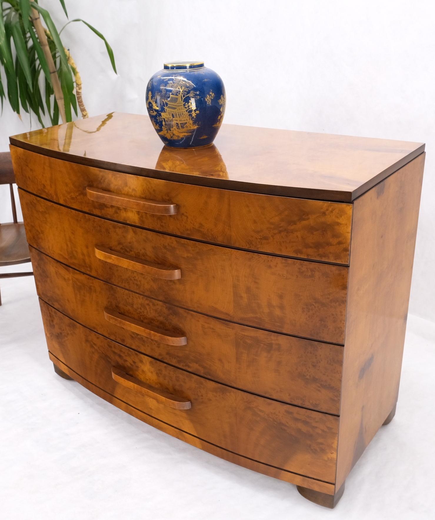 Art Deco Mid-Century Modern bow front burl wood 4 drawer dresser chest of drawers.