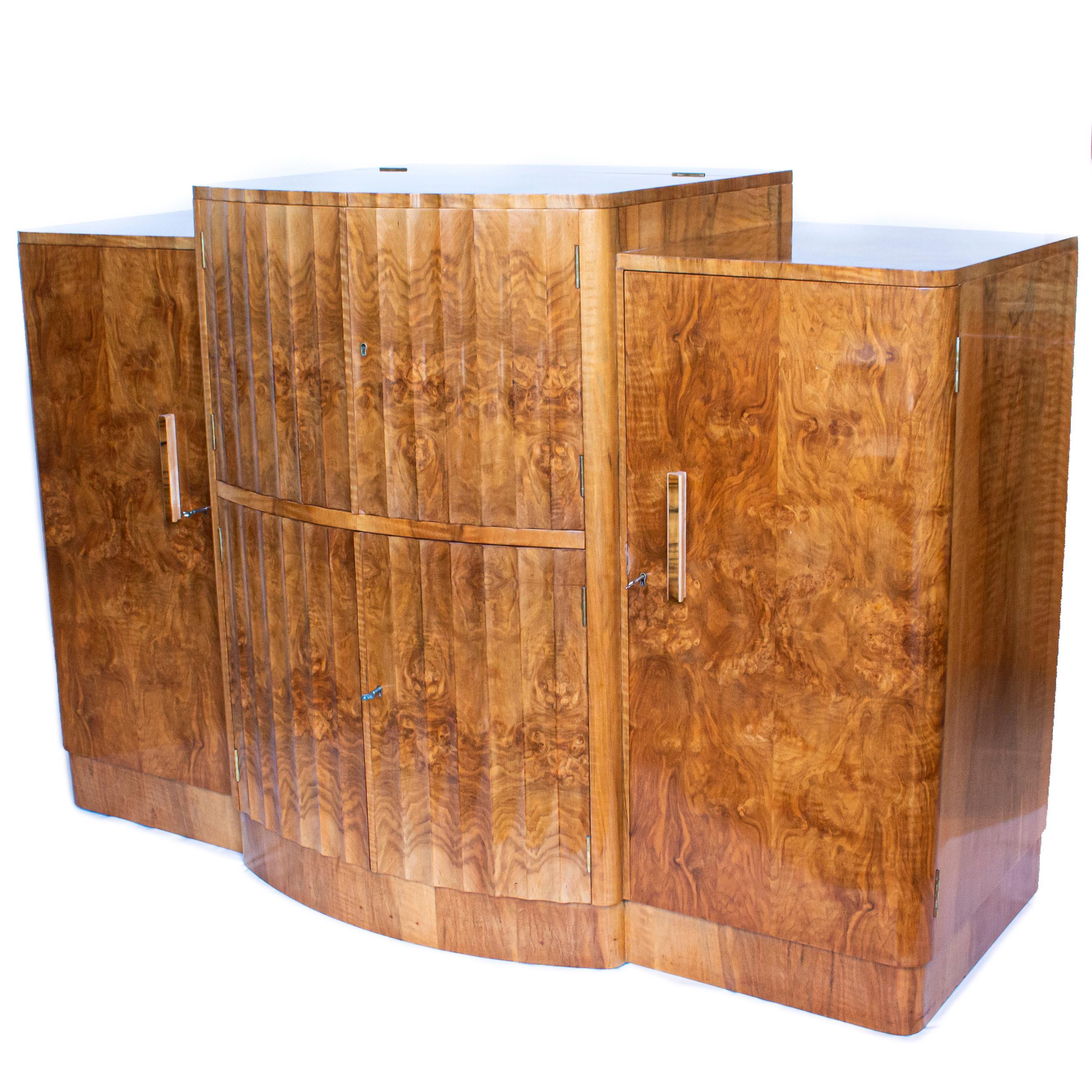 English Art Deco, Bow Fronted, Walnut Cocktail Sideboard by Harry and Lou Epstein