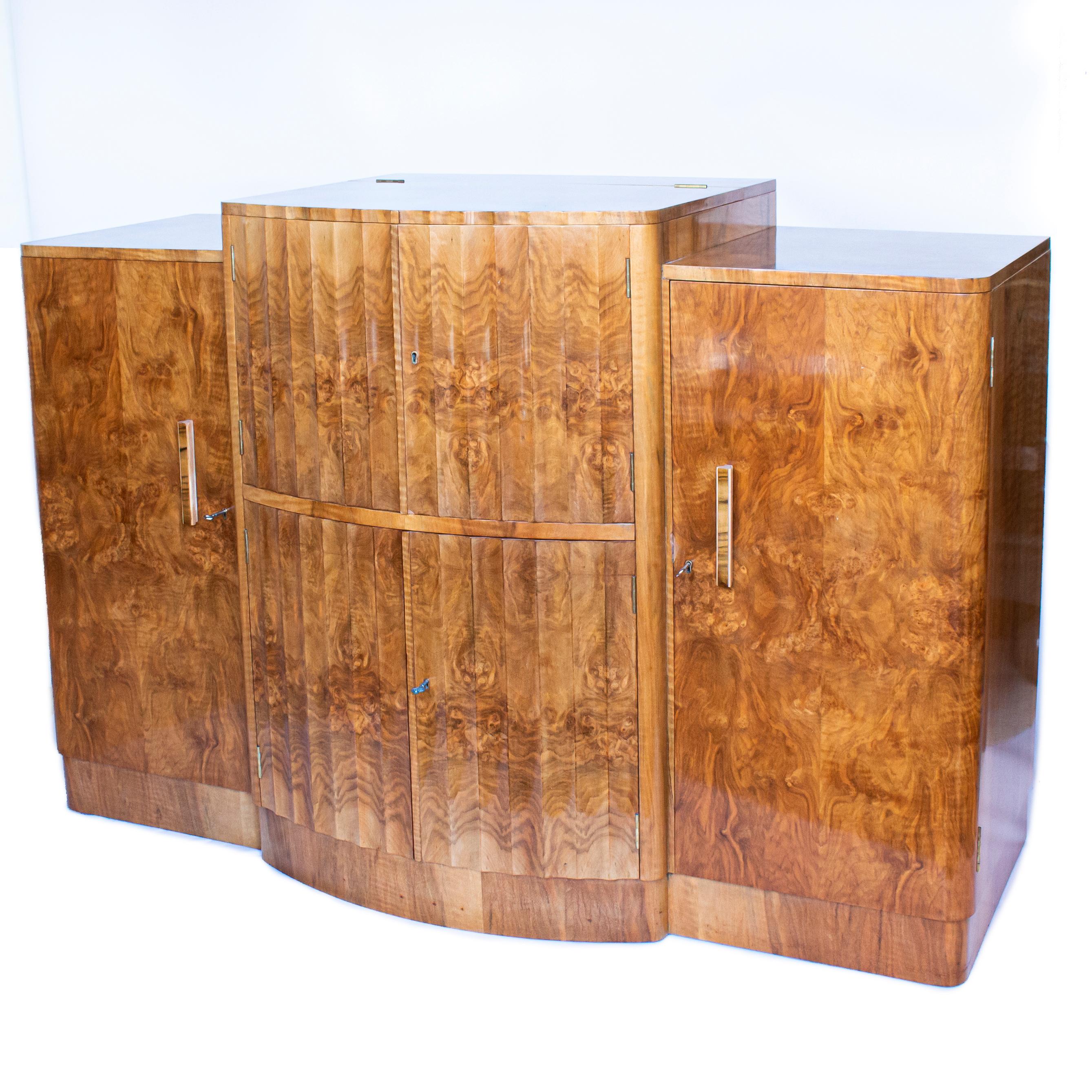 Mid-20th Century Art Deco, Bow Fronted, Walnut Cocktail Sideboard by Harry and Lou Epstein