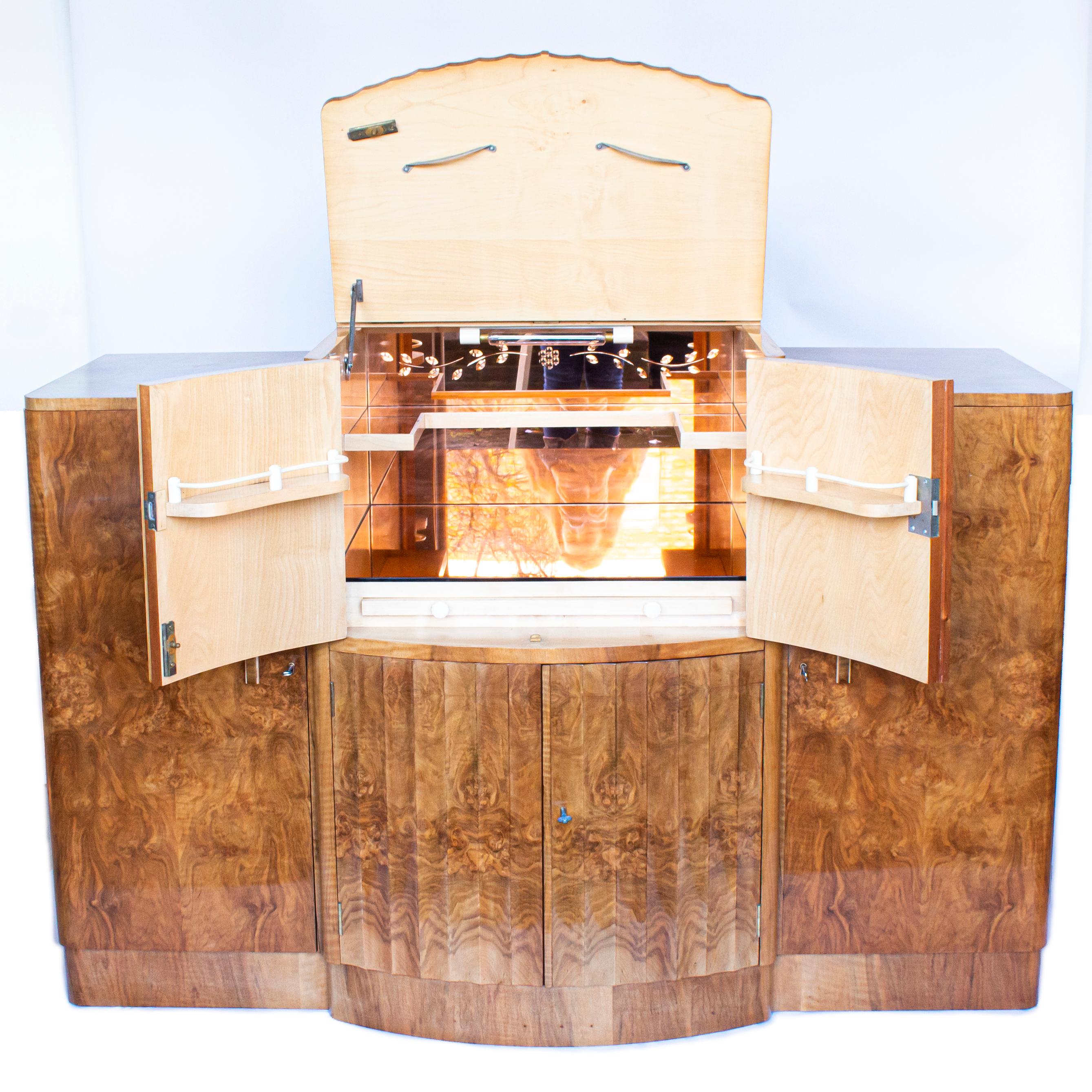 Art Deco, Bow Fronted, Walnut Cocktail Sideboard by Harry and Lou Epstein 1