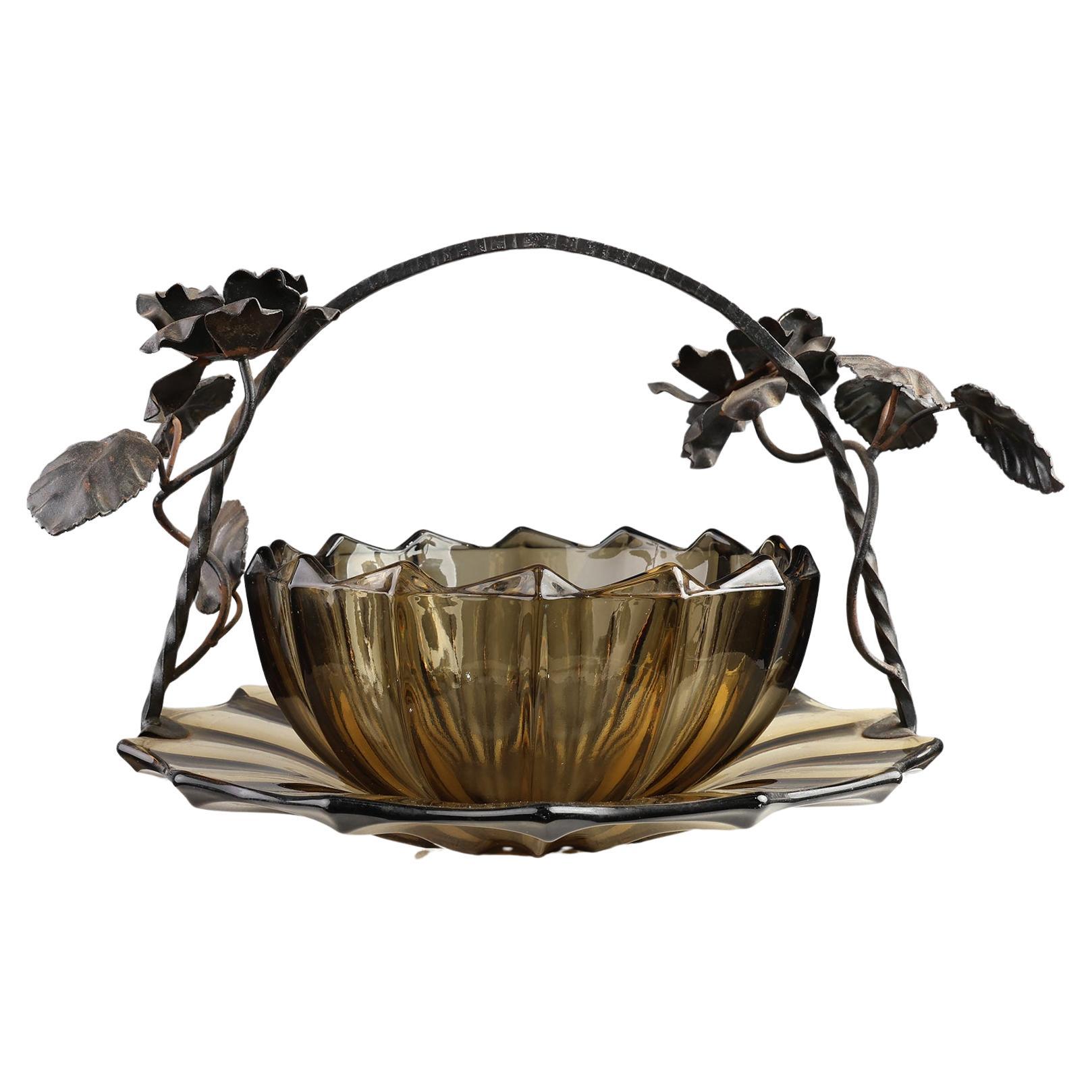 Art Deco Bowl and Dish in Glass and Wrought Iron, Belgium 1920s