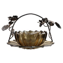 Cuenco y plato Art Decó de vidrio y hierro forjado, Bélgica Años 20