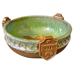 "Art Deco Bowl w/ Medieval Shields", Rare Bowl w/ Flambe Glazes, Brown and Green