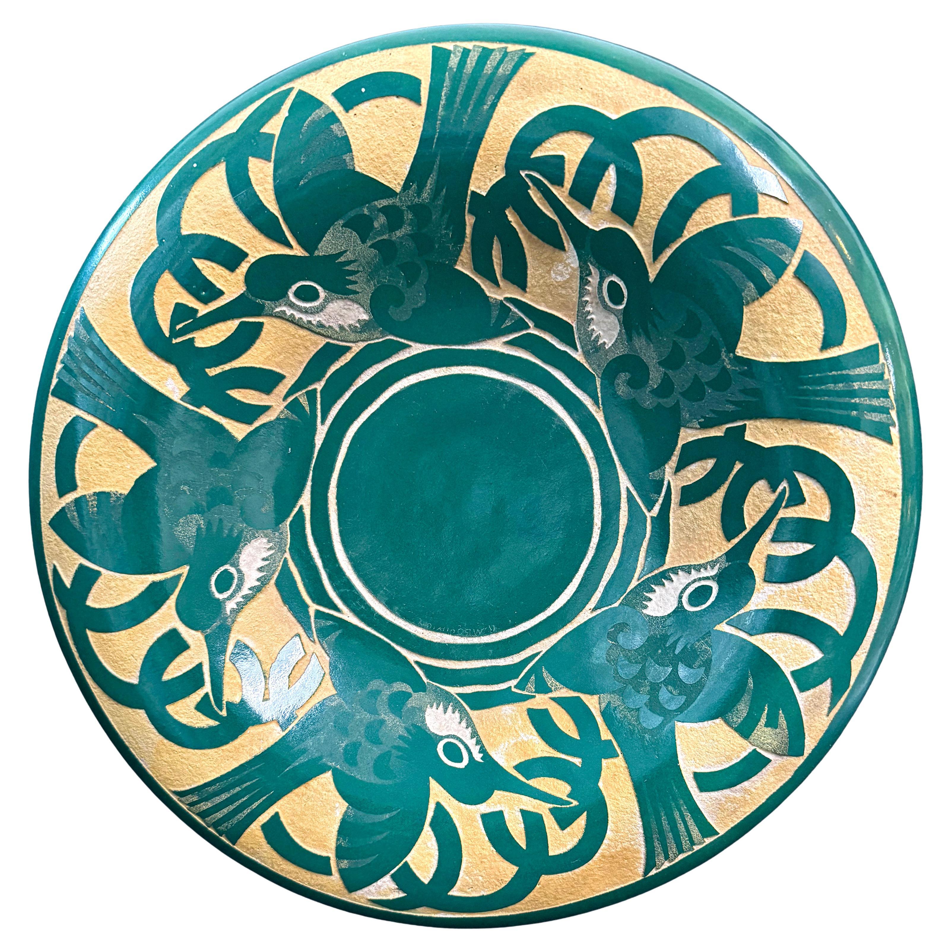 Art Deco Bowl with Songbirds by Mequinion, in Jade Green and Yellow