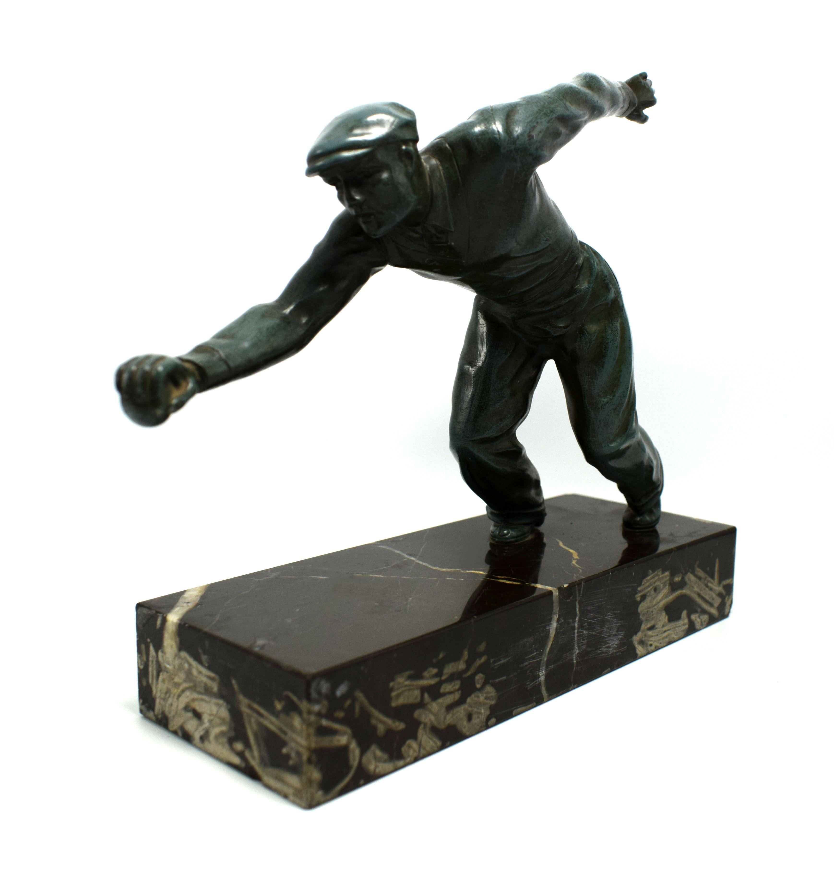 Orinating from France and dated to the 1930s is this wonderful trophy figure of a man mid play in a game of bowls. You don't have to be a fan of sport or bowls for that matter to appreciate this piece. Historically very interesting, just looking at