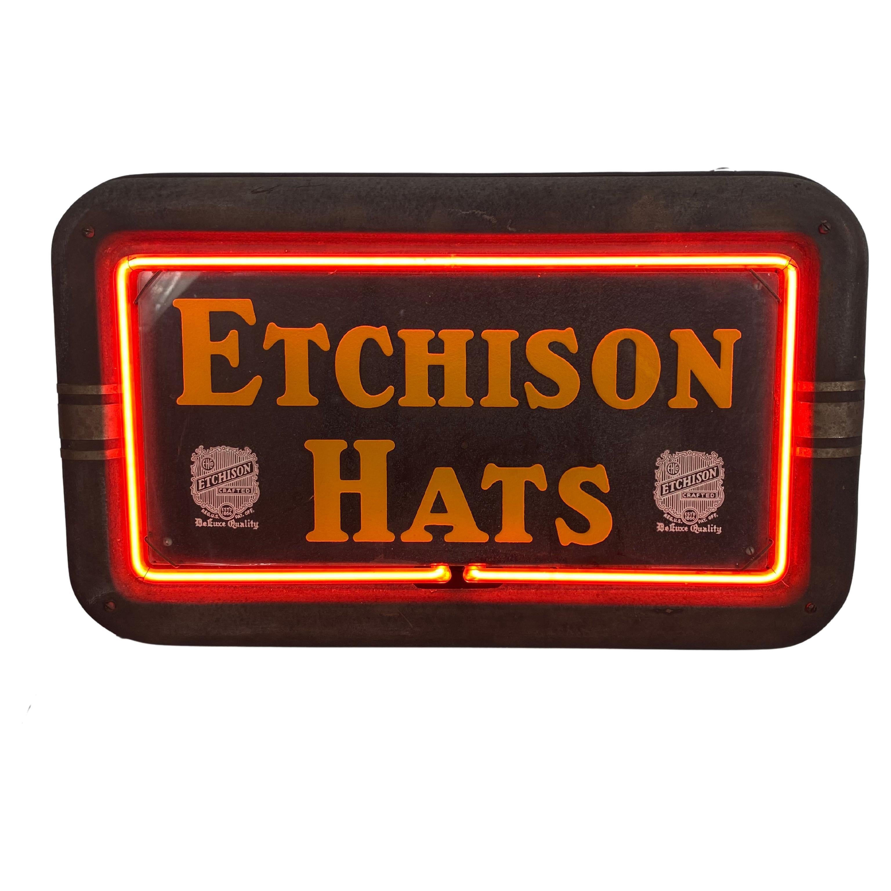 Art Deco Box Neon "ETCHISON HATS" Wonderful Red Neon, The Neon Shop, LIMA OHIO For Sale