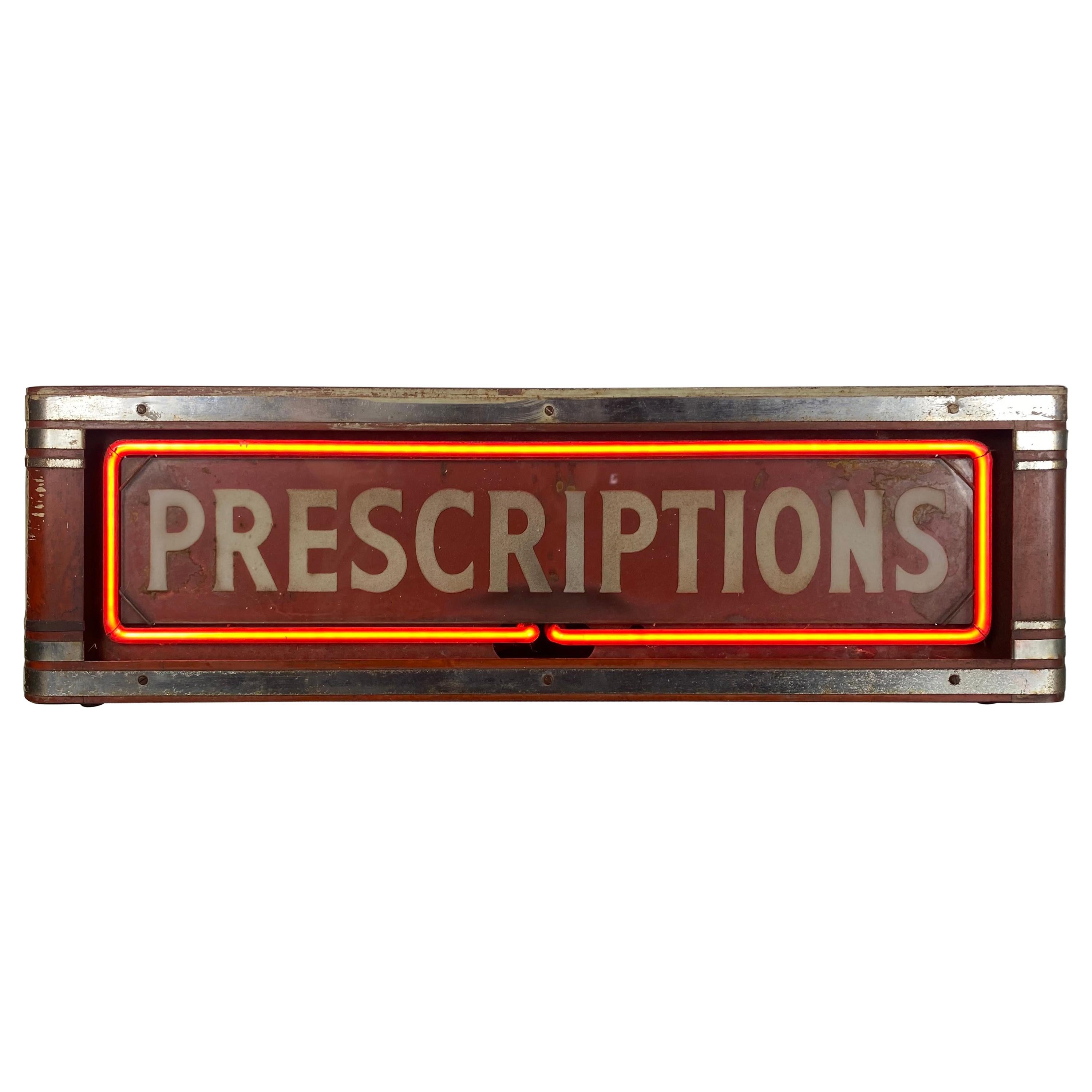 Art Deco Box Neon Sign, "PRECRIPTIONS'' Red Neon Drug Store Sign