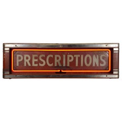 Art Deco Box Neon Sign, "PRECRIPTIONS'' Red Neon Drug Store Sign