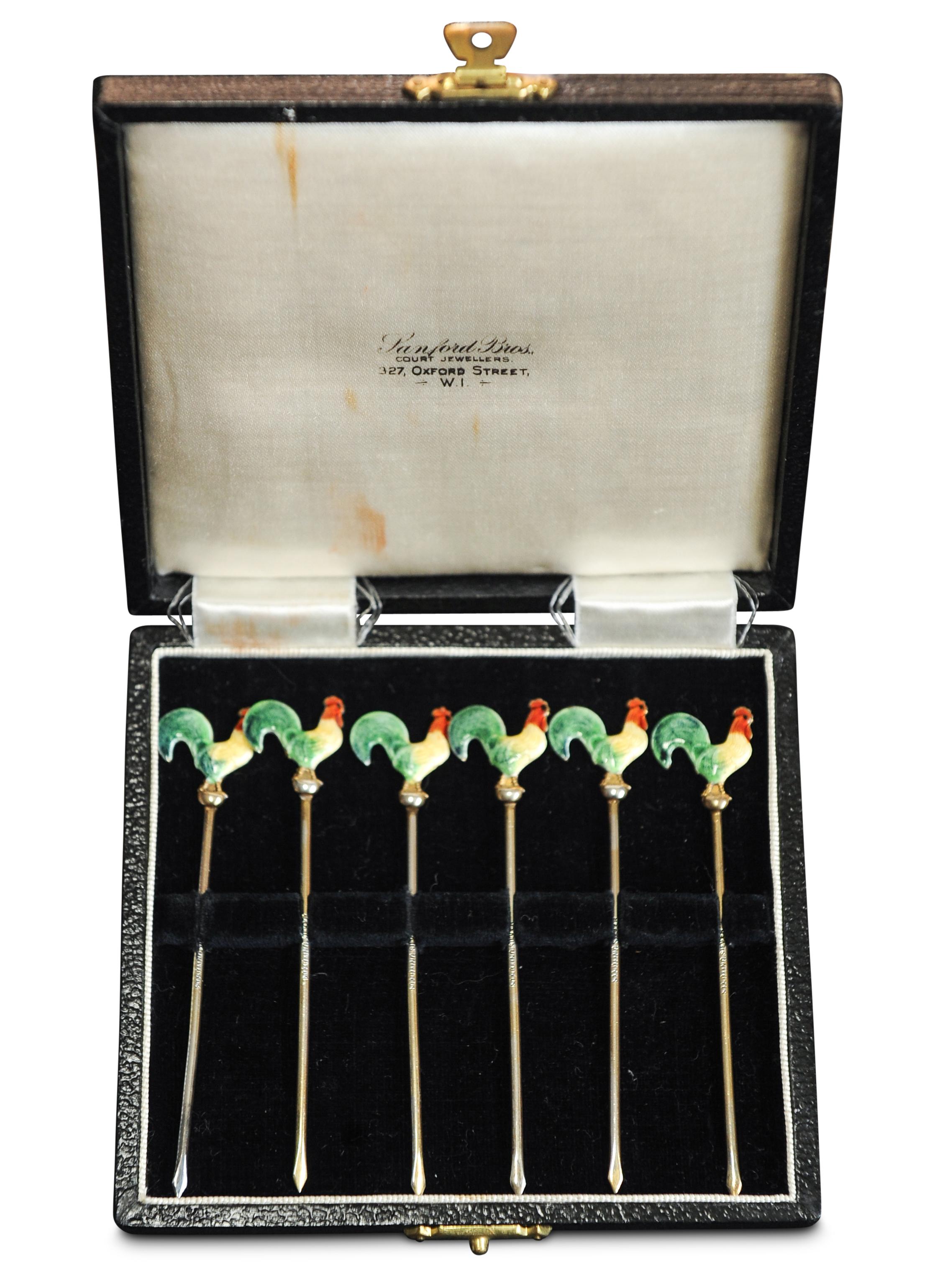 British Art Deco Boxed Set of Six Sterling Silver, Gilt & Enamel Cocktail Picks For Sale