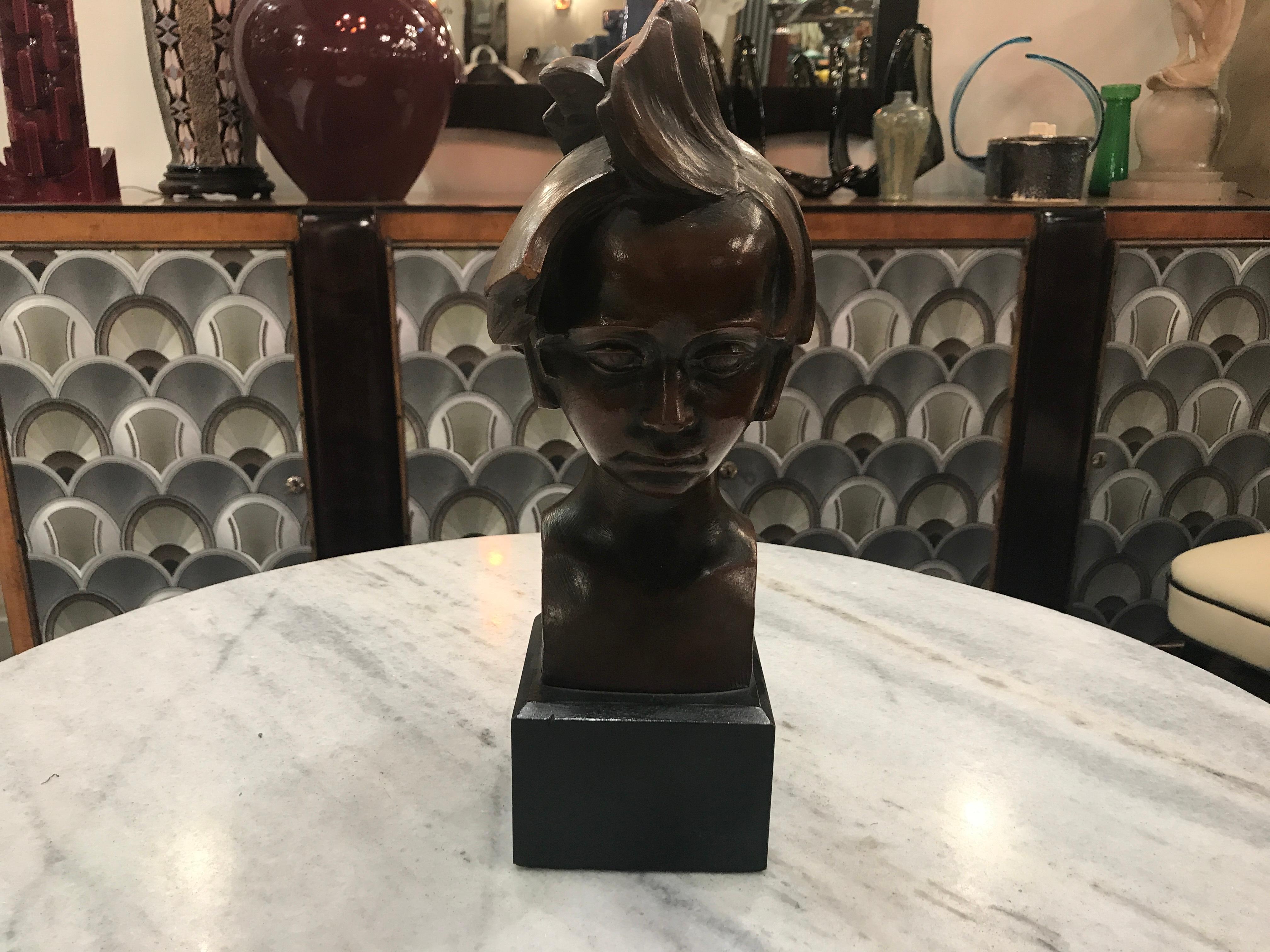 Art Deco Boy Sculpture in Terracotta and Wood, Sign: C. Mulnis For Sale 7