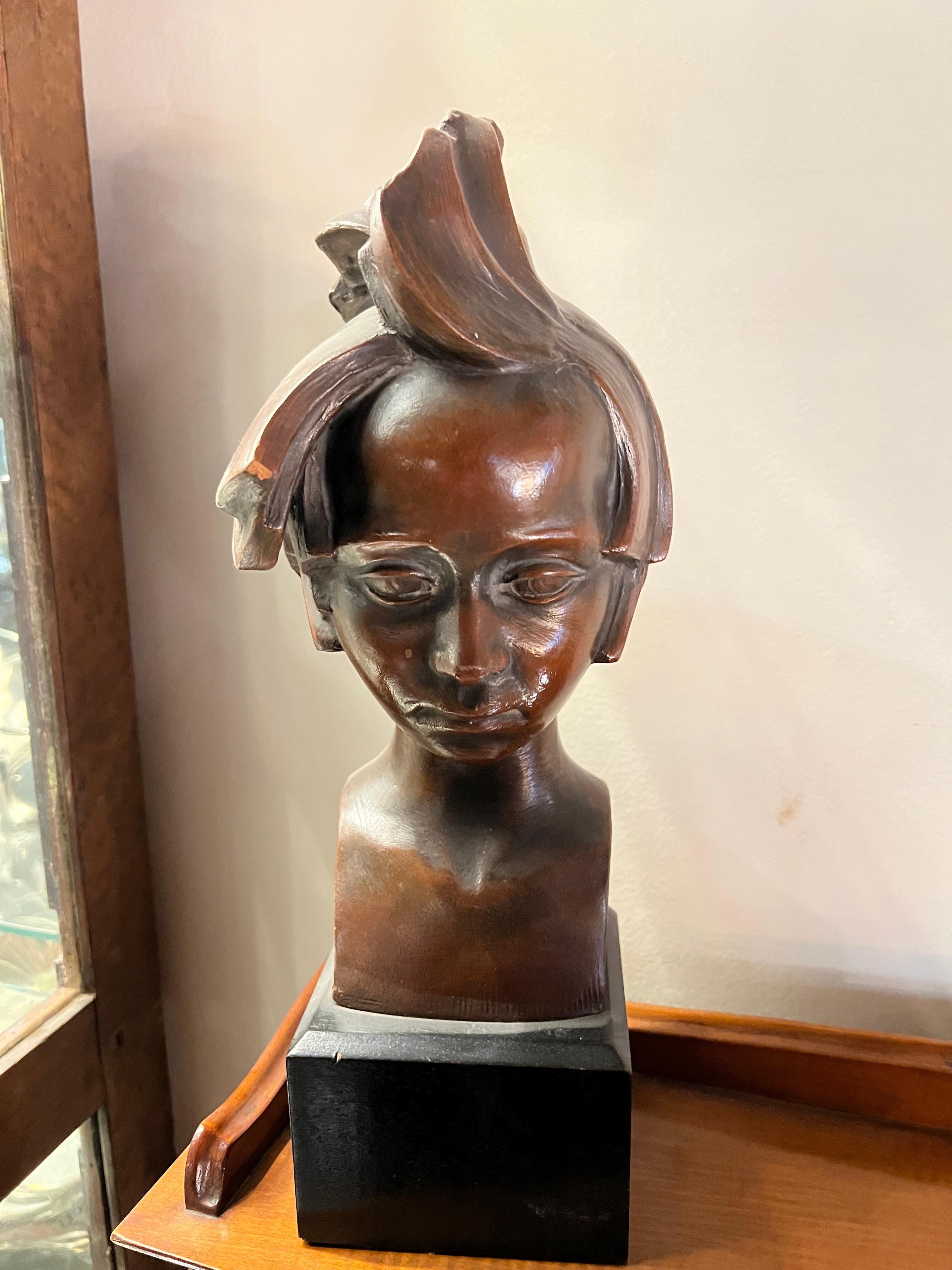 Art Deco Boy Sculpture in Terracotta and Wood, Sign: C. Mulnis For Sale 8