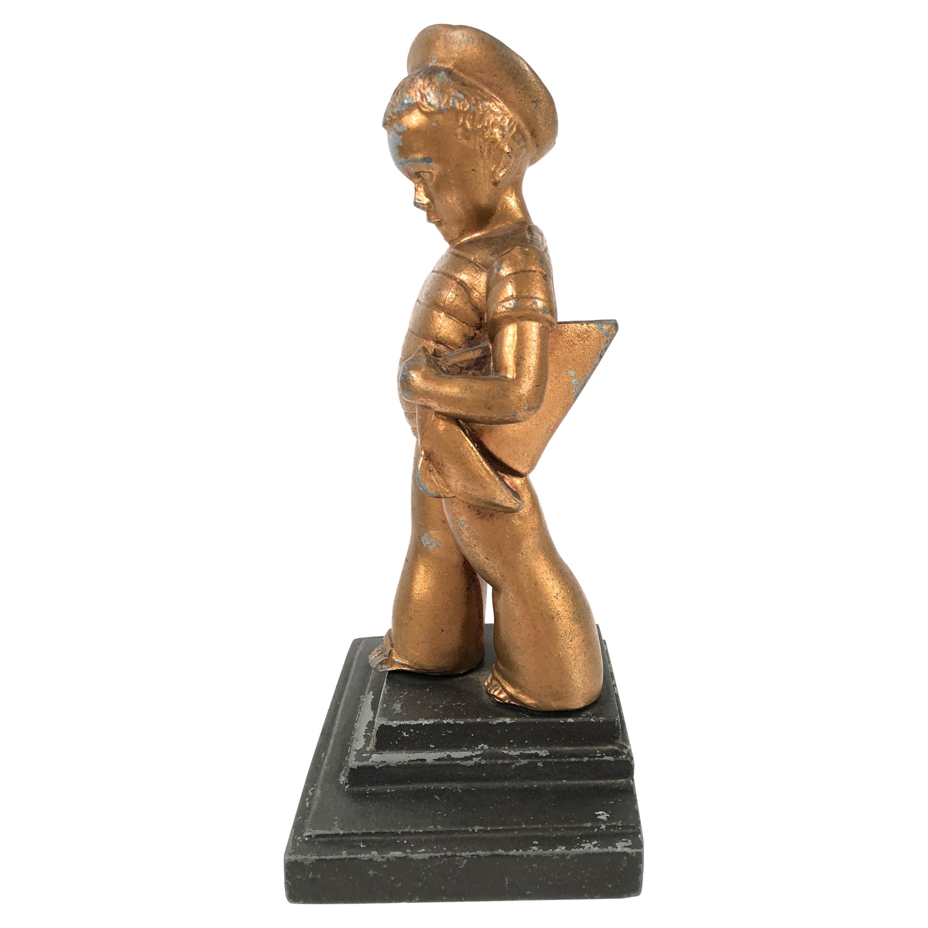 Art Deco Boy with Sailboat Bookend Sculpture