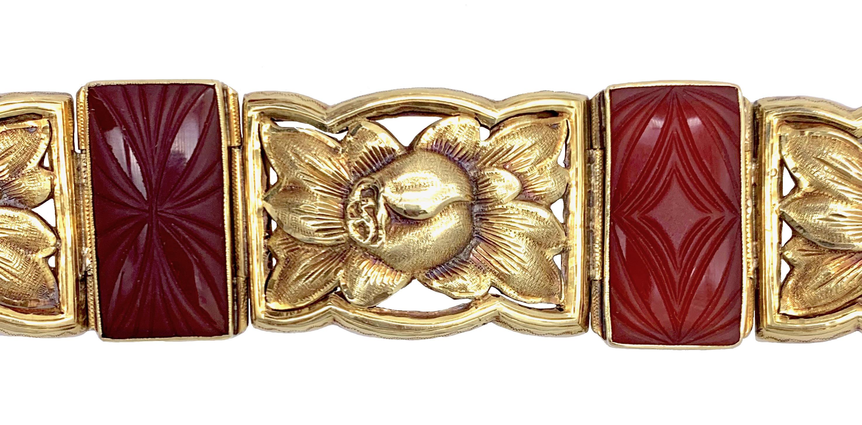 Cabochon Art Deco Bracelet 14 Karat Gold Carves Carnelian Apples C For Sale