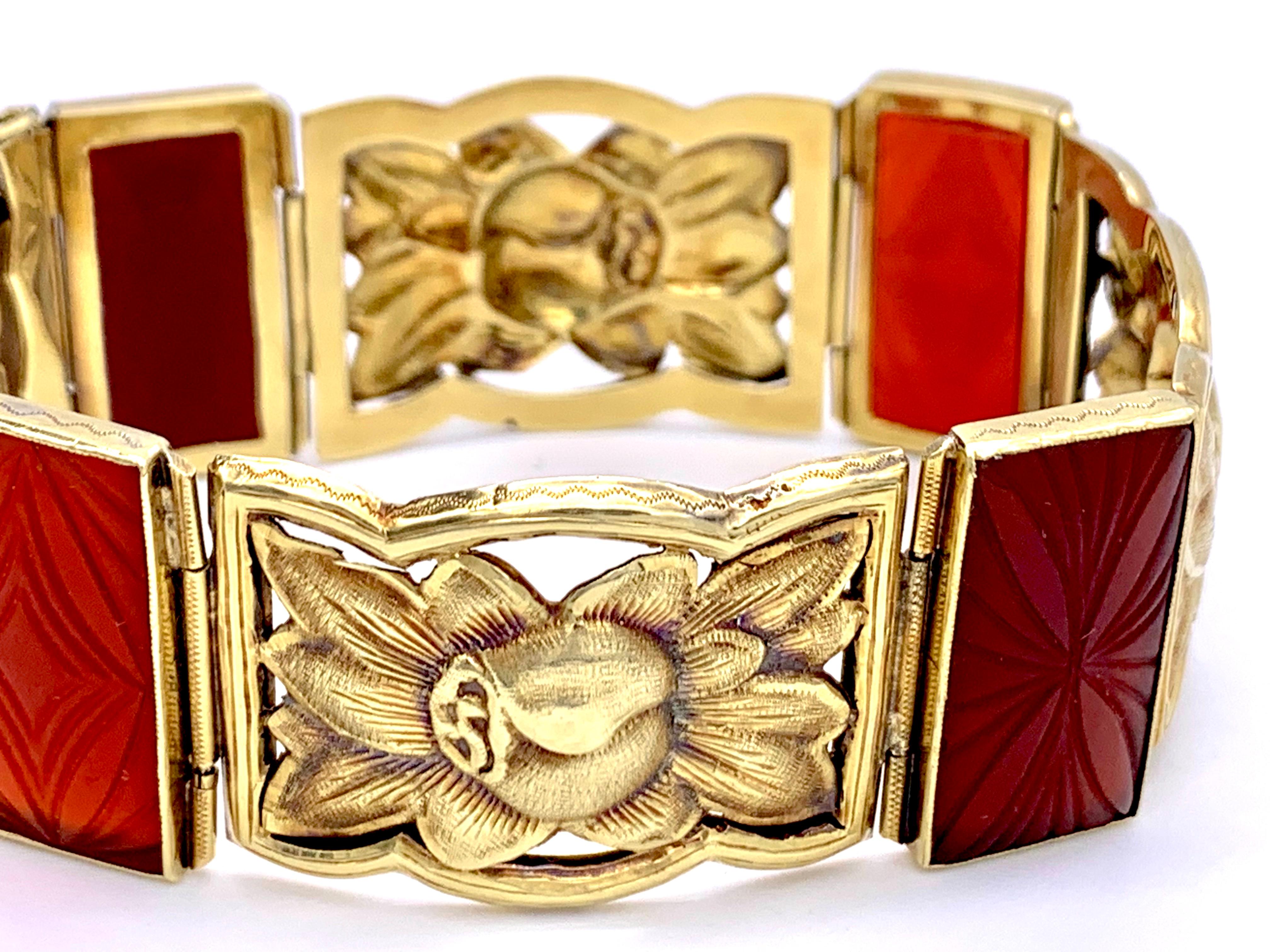 Women's Art Deco Bracelet 14 Karat Gold Carves Carnelian Apples C For Sale