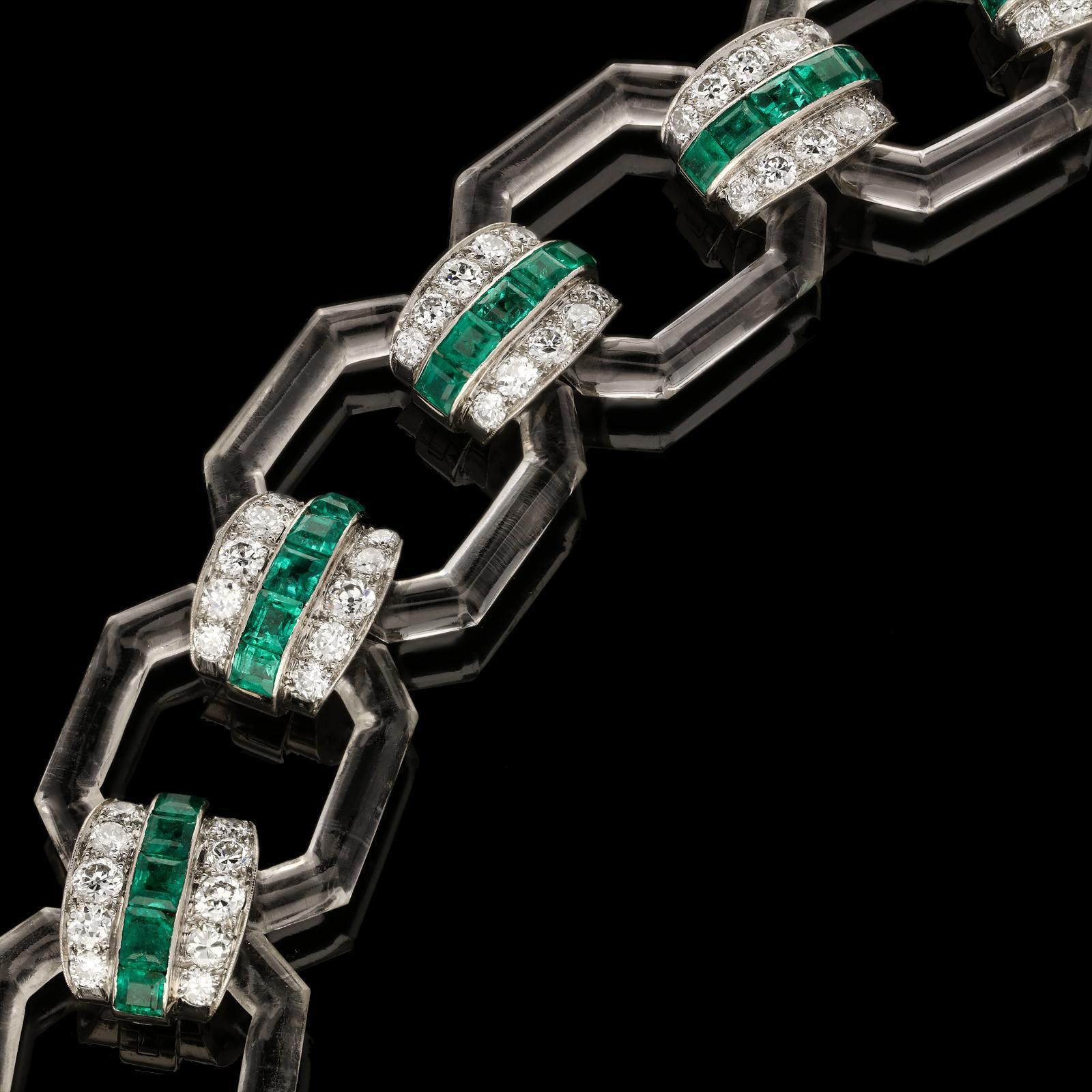 Hennells Art Deco Bracelet in Rock Crystal, Emerald & Diamond 1929  In Excellent Condition In London, GB