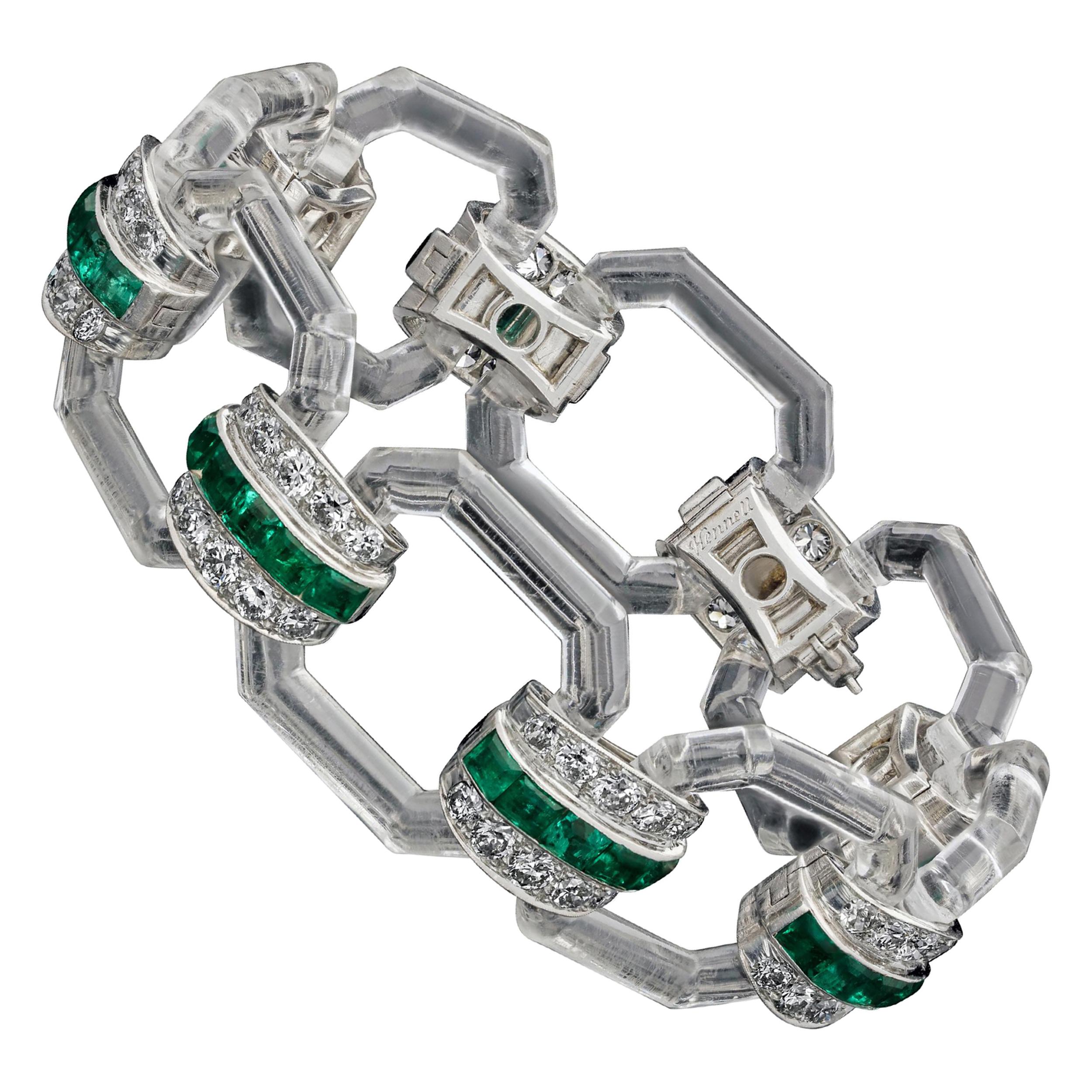 Hennells Art Deco Bracelet in Rock Crystal, Emerald & Diamond 1929 