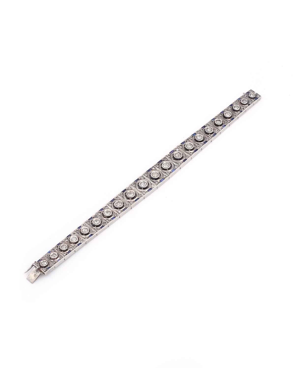 Old European Cut Art Deco bracelet diamonds, sapphires on silver, Edwardian period For Sale