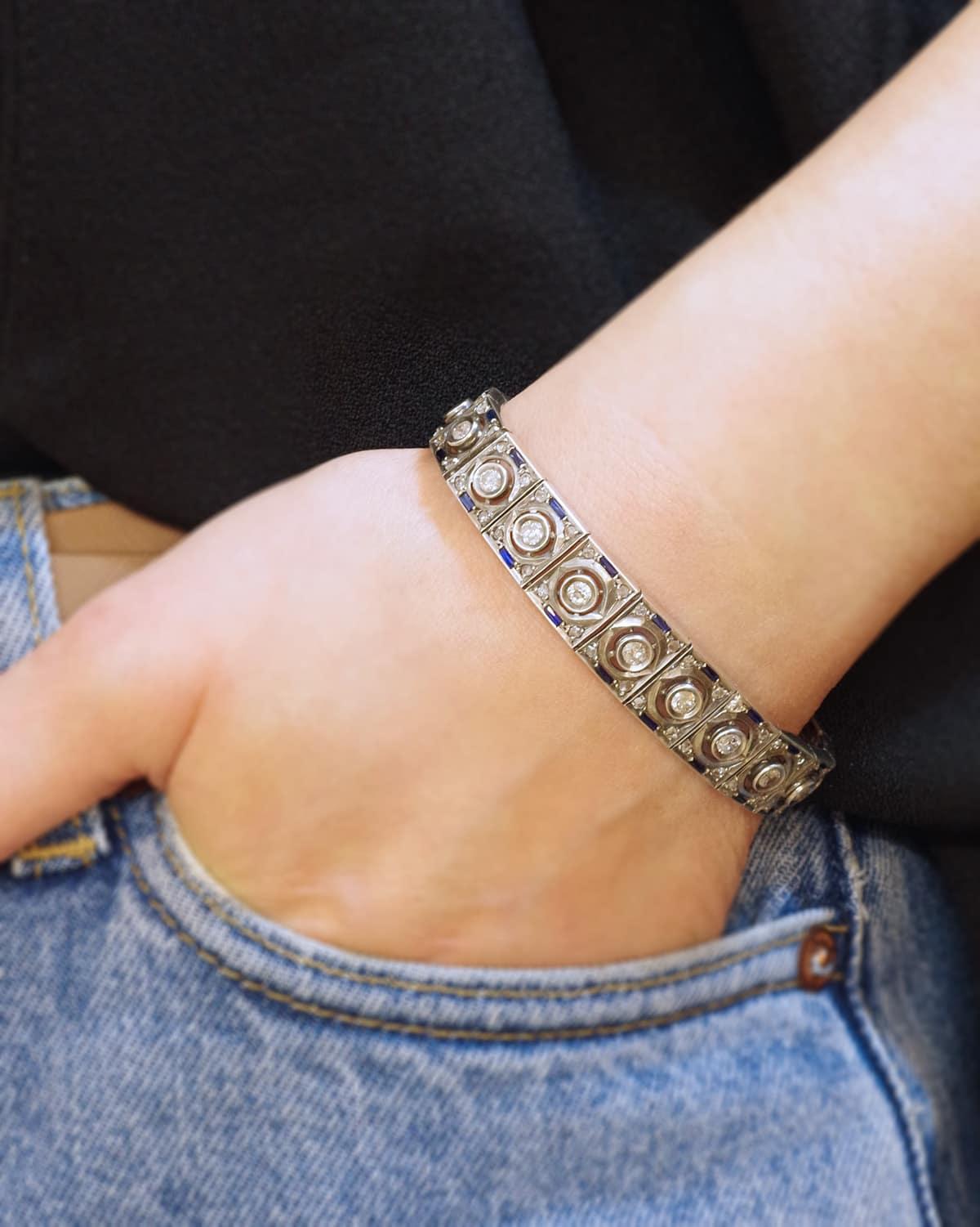 Women's Art Deco bracelet diamonds, sapphires on silver, Edwardian period For Sale