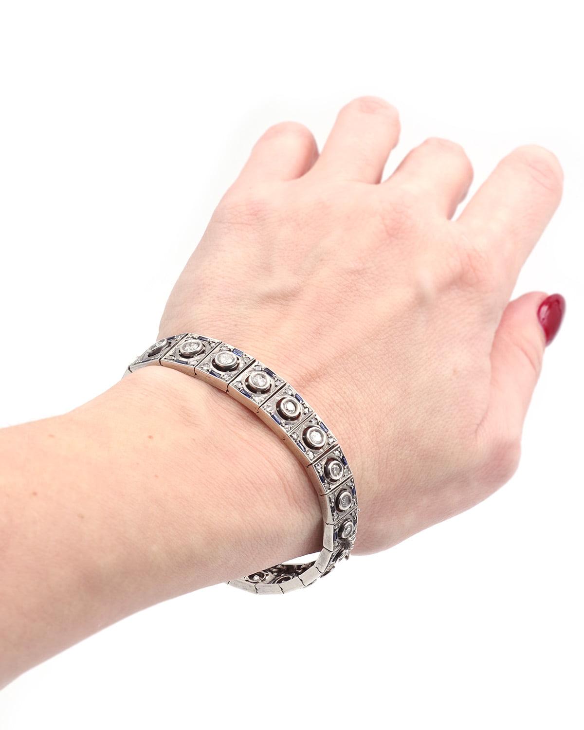 Art Deco bracelet diamonds, sapphires on silver, Edwardian period For Sale 1