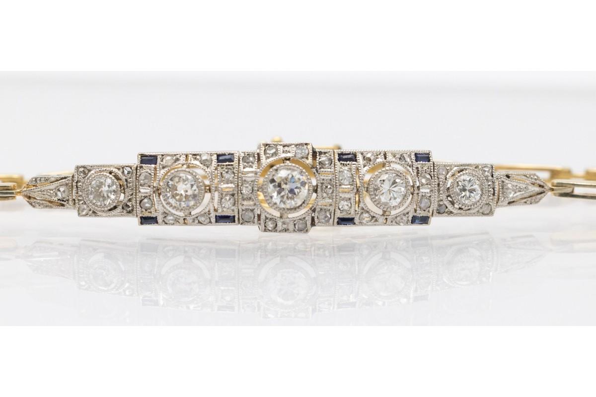 Old European Cut Art Deco bracelet set with diamonds and sapphires, Czechoslovakia 1920-1930. For Sale