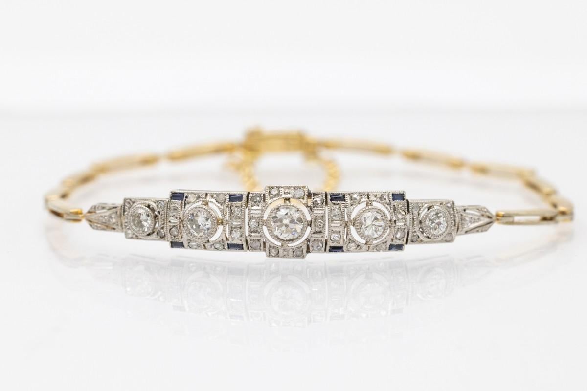 Art Deco bracelet set with diamonds and sapphires, Czechoslovakia 1920-1930. In Good Condition For Sale In Chorzów, PL