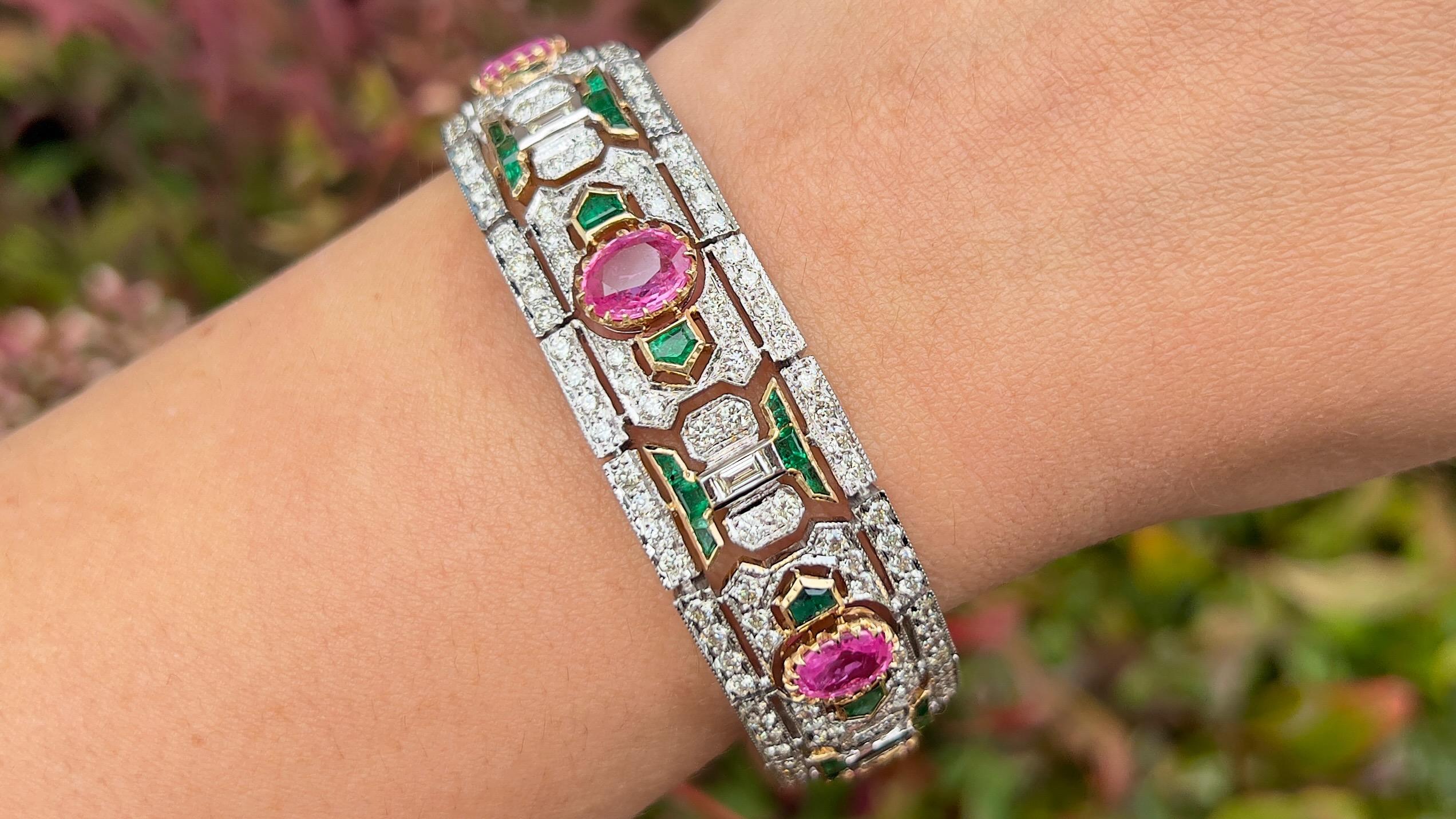 Oval Cut Art Deco Bracelet Set with Pink Sapphires Emeralds Diamonds 20 Carats Total