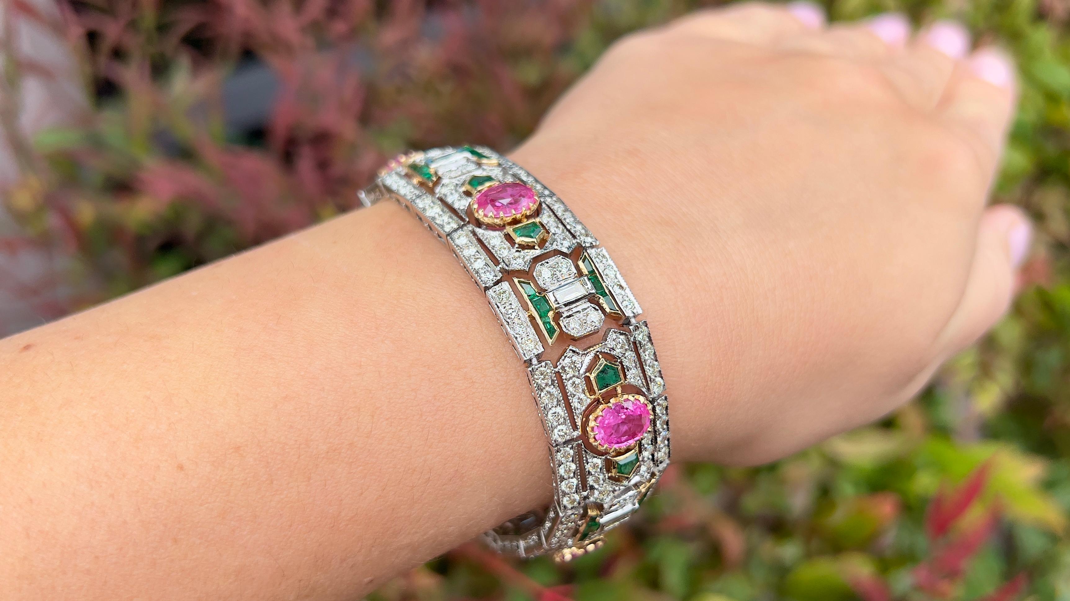 Art Deco Bracelet Set with Pink Sapphires Emeralds Diamonds 20 Carats Total In Excellent Condition In Carlsbad, CA