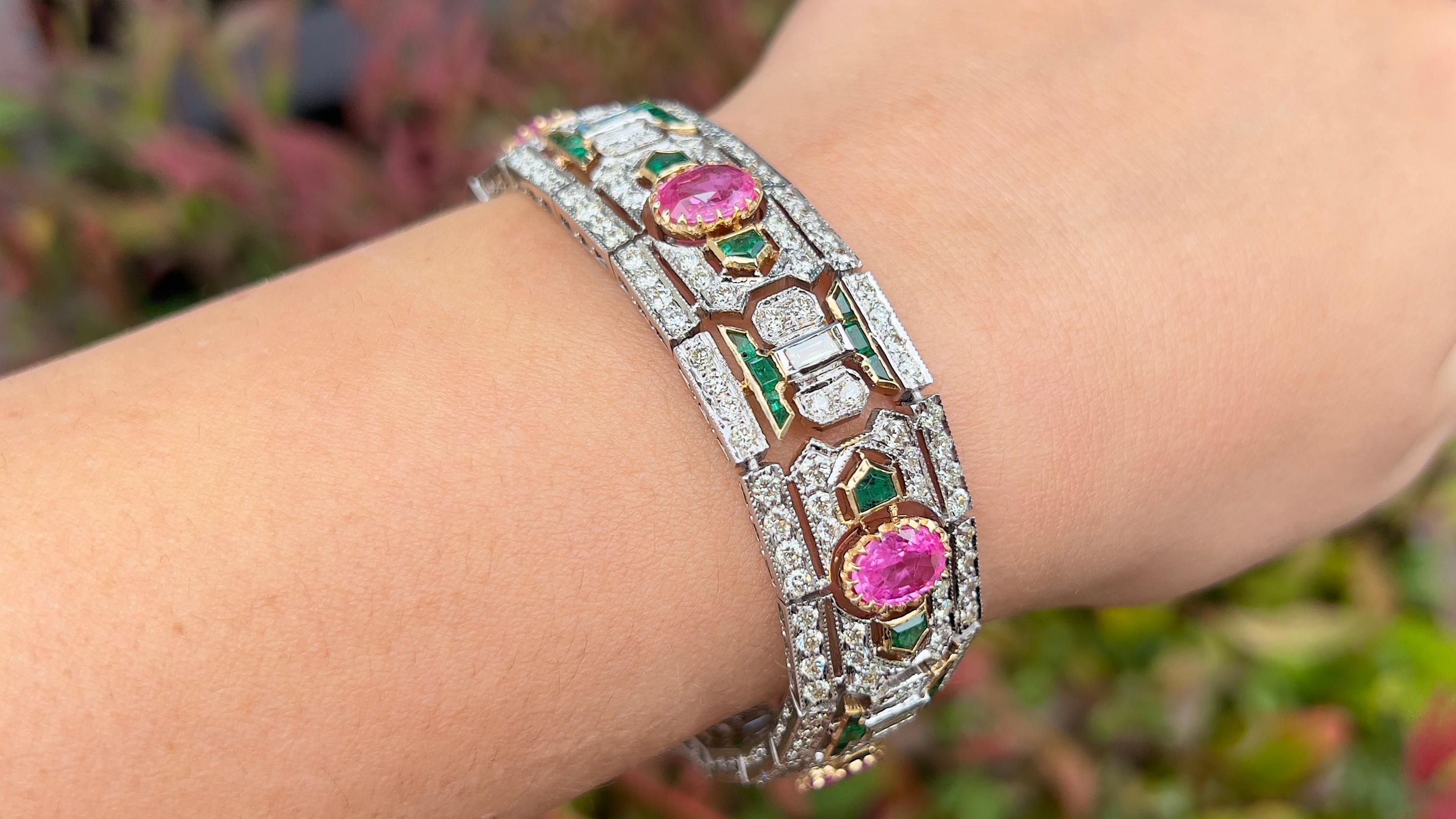 Women's or Men's Art Deco Bracelet Set with Pink Sapphires Emeralds Diamonds 20 Carats Total