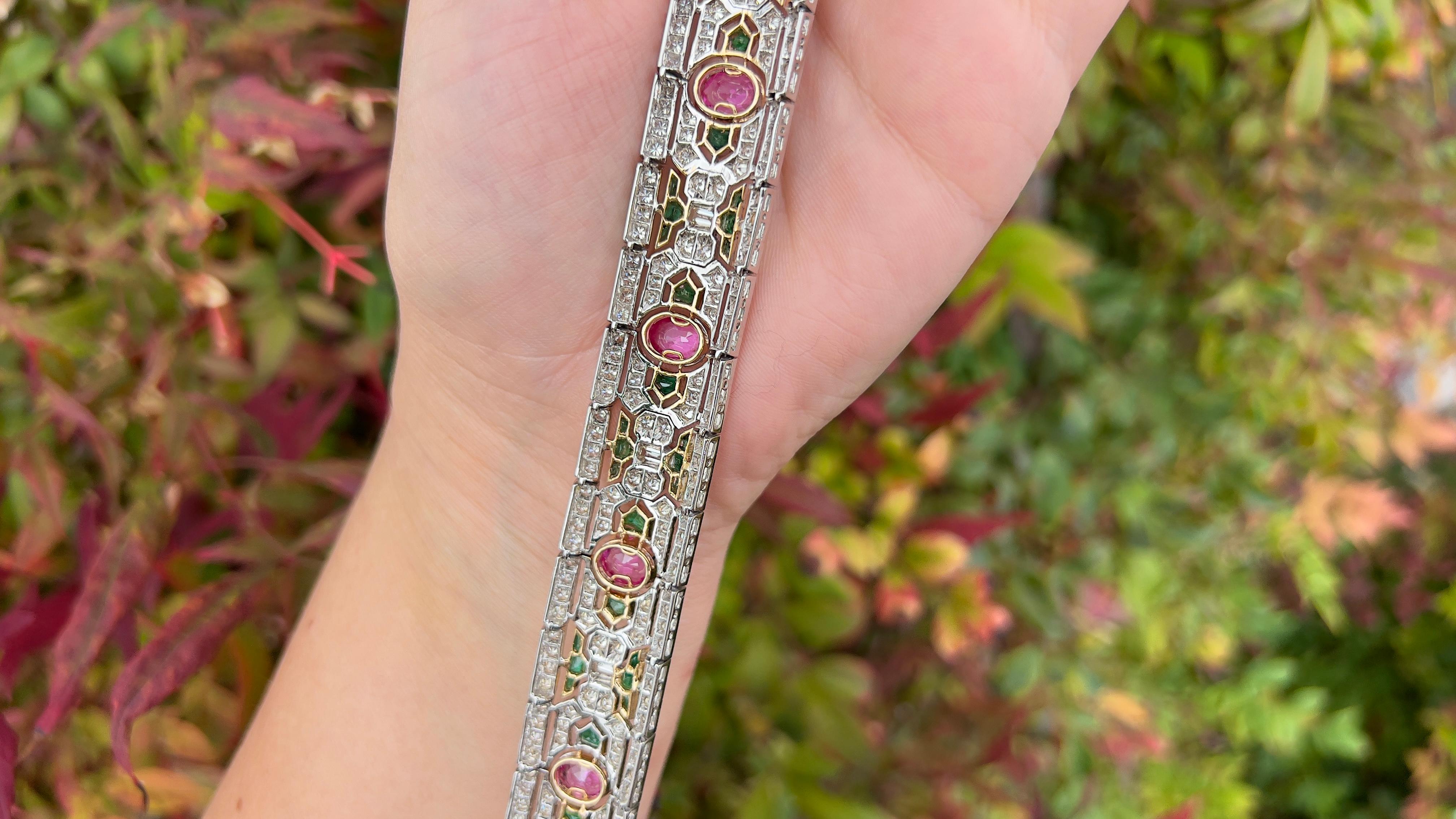 Art Deco Bracelet Set with Pink Sapphires Emeralds Diamonds 20 Carats Total 1