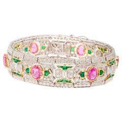 Art Deco Bracelet Set with Pink Sapphires Emeralds Diamonds 20 Carats Total