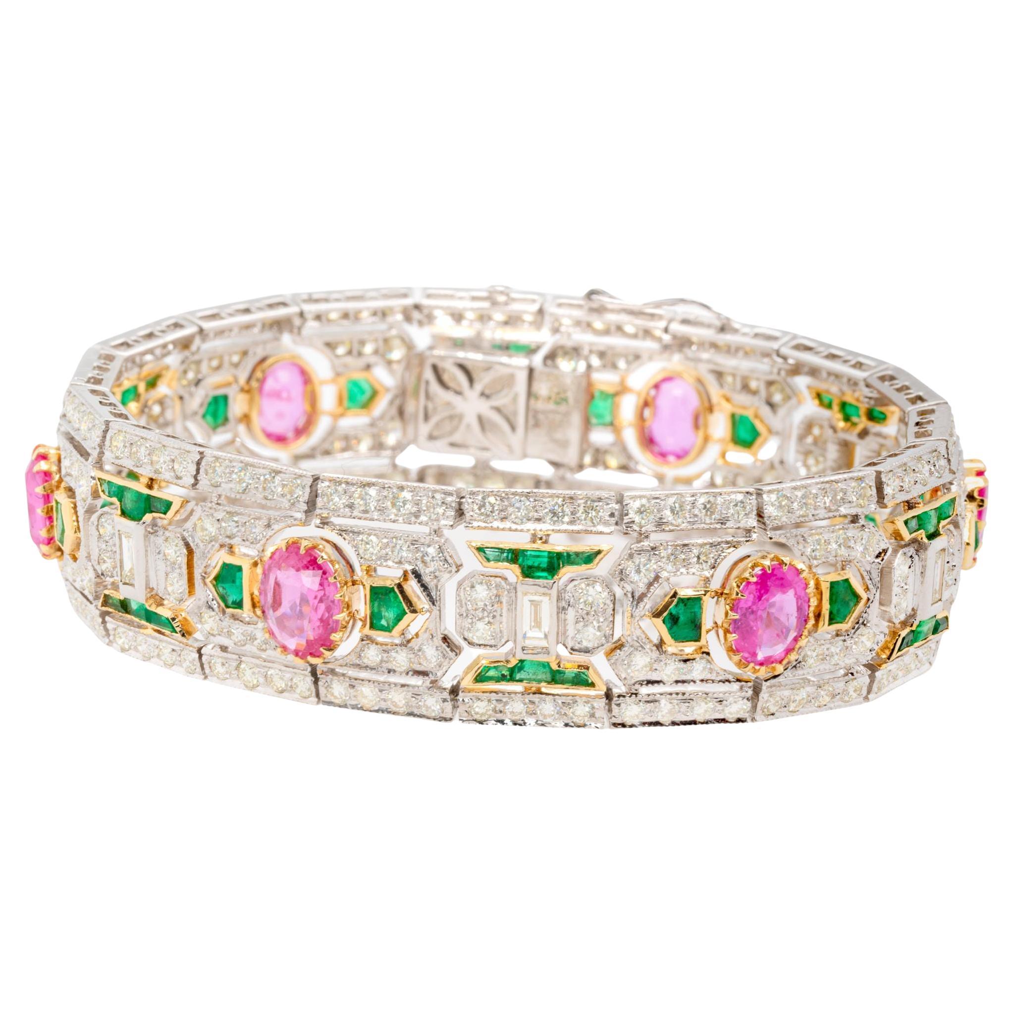 Art Deco Bracelet Set with Pink Sapphires Emeralds Diamonds 20 Carats Total