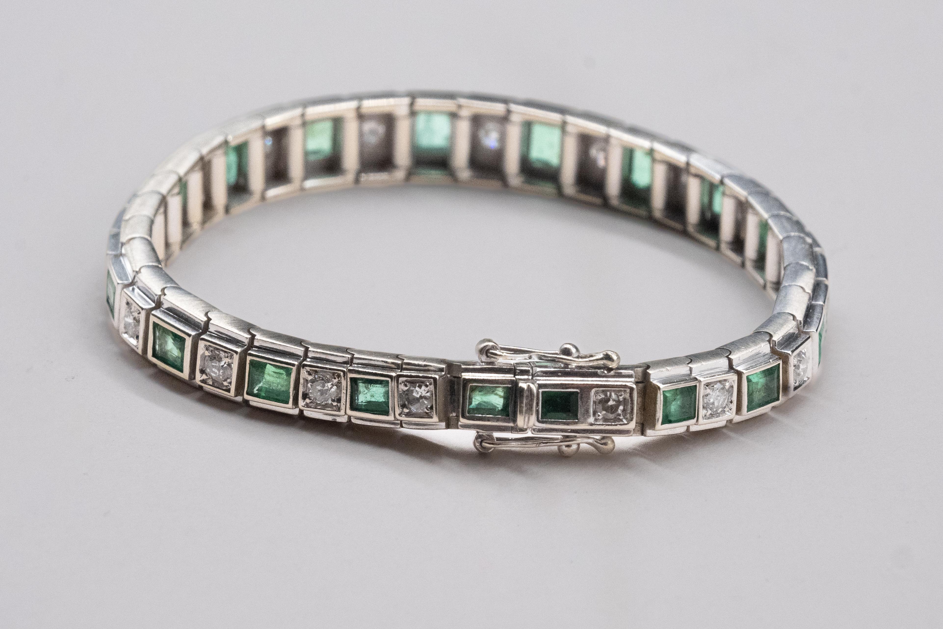 Art-deco Bracelet, White Gold, Emerald Diamonds For Sale 1