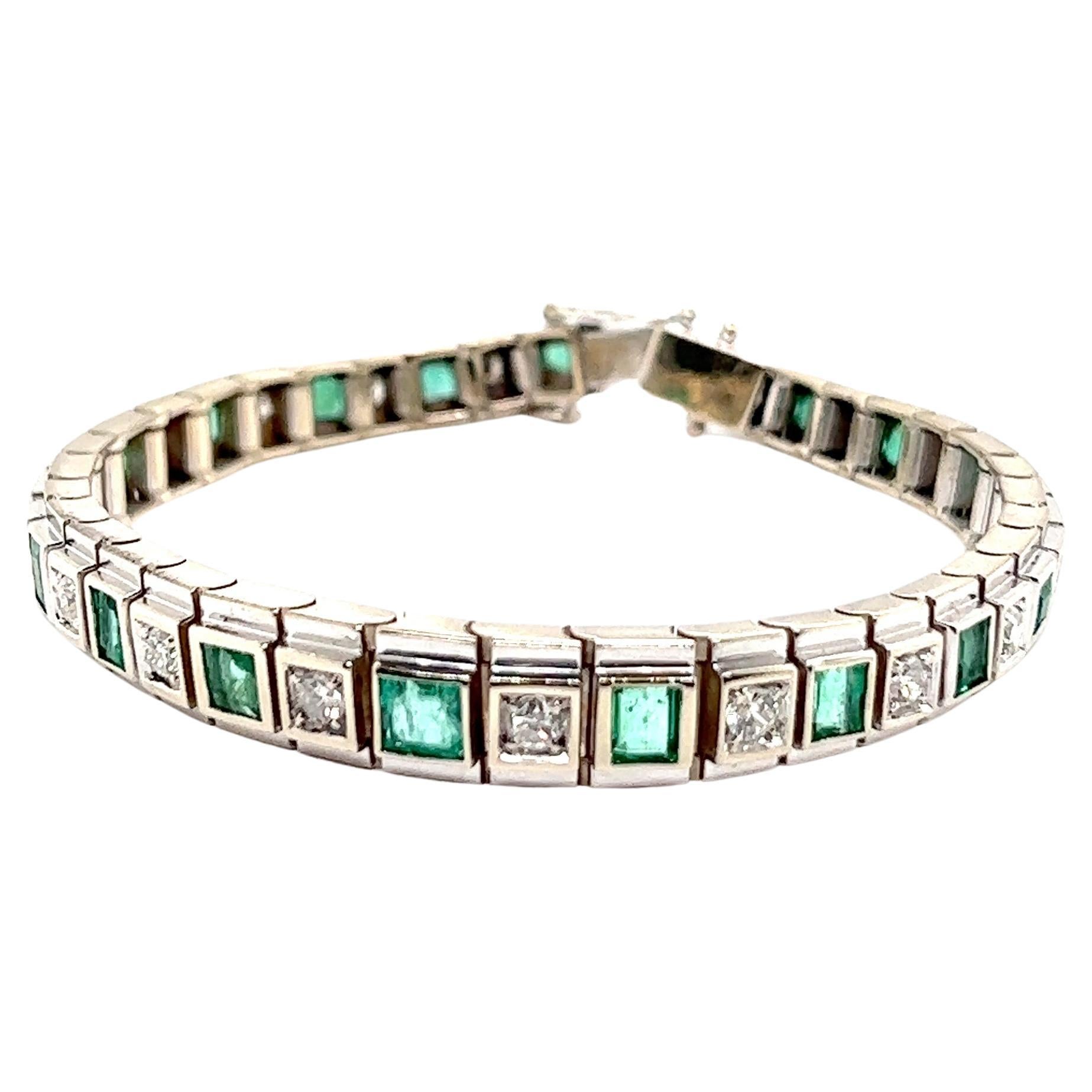 Art-deco Bracelet, White Gold, Emerald Diamonds For Sale