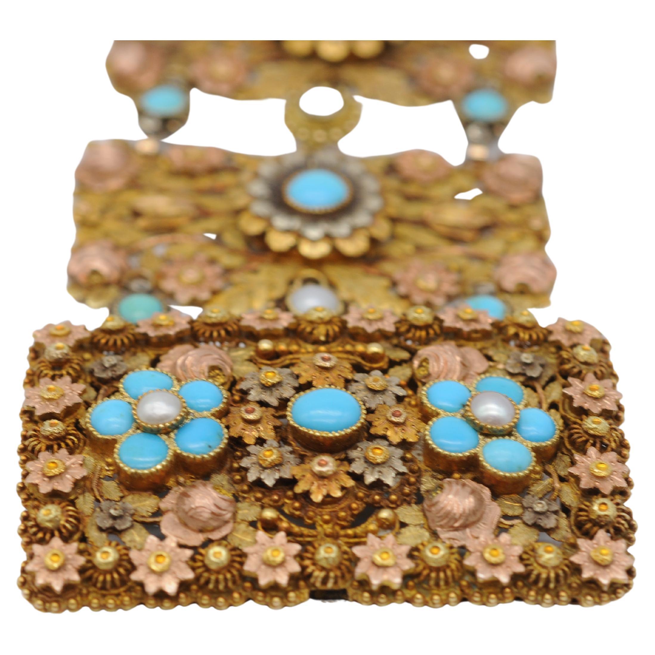 Bracelet Art déco en or tricolore 14 carats avec perles et turquoise  en vente 5