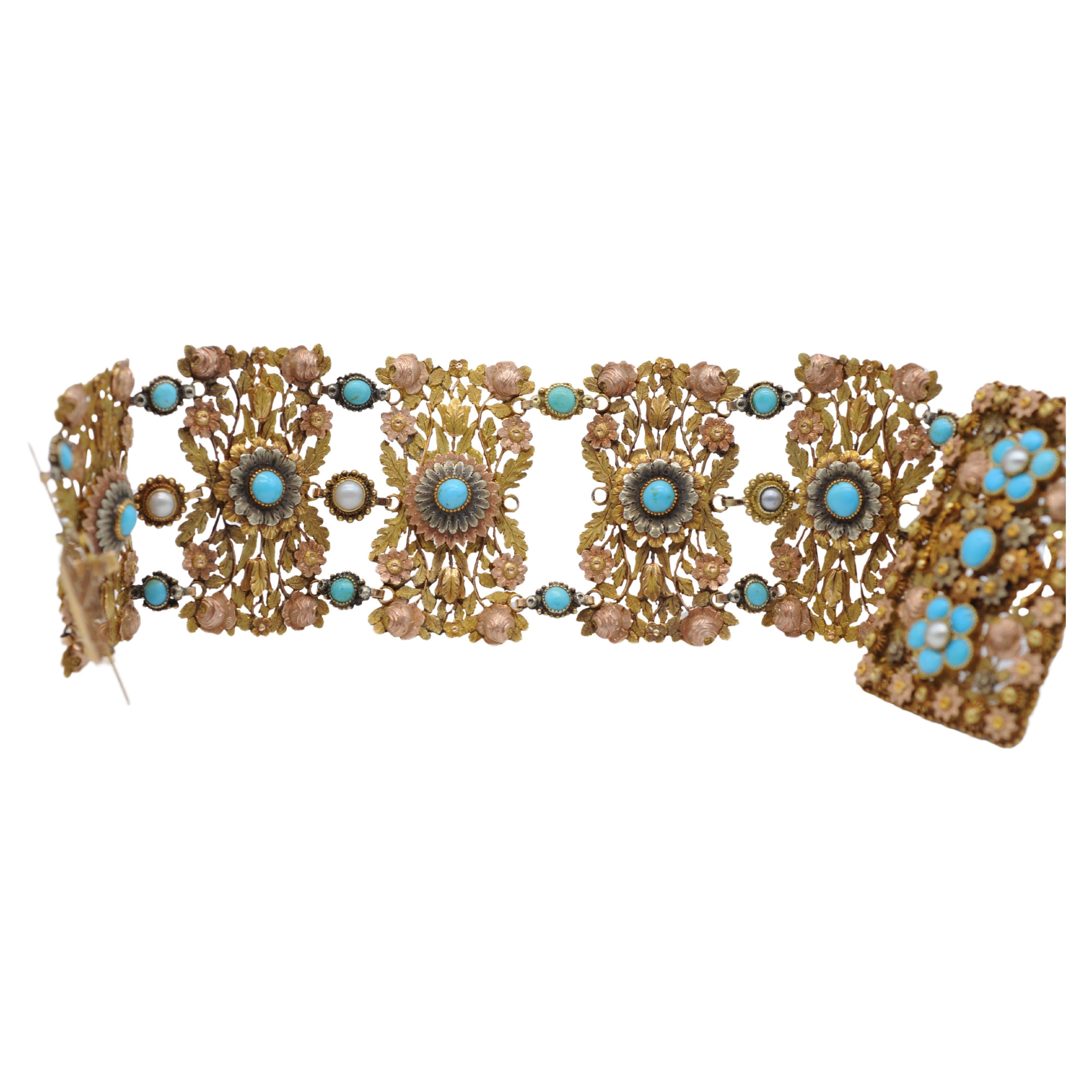 Bracelet Art déco en or tricolore 14 carats avec perles et turquoise  en vente 6